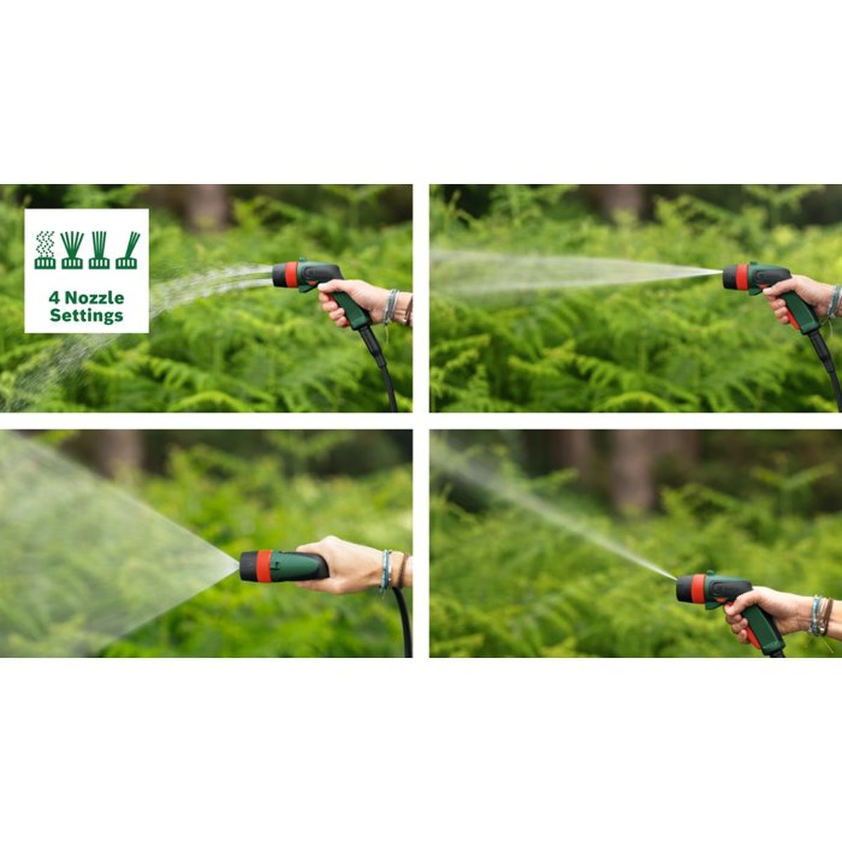 Quatre panneaux montrent un pistolet d'arrosage avec quatre réglages de jet différents devant un feuillage vert.