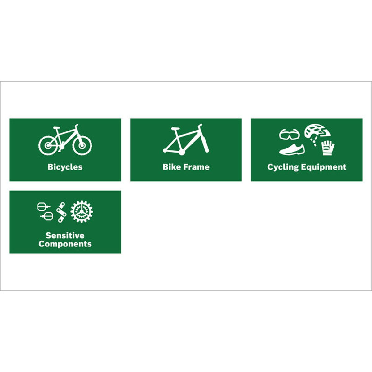 Quatre icônes vertes affichent des vélos, des cadres, des équipements et des composants.
