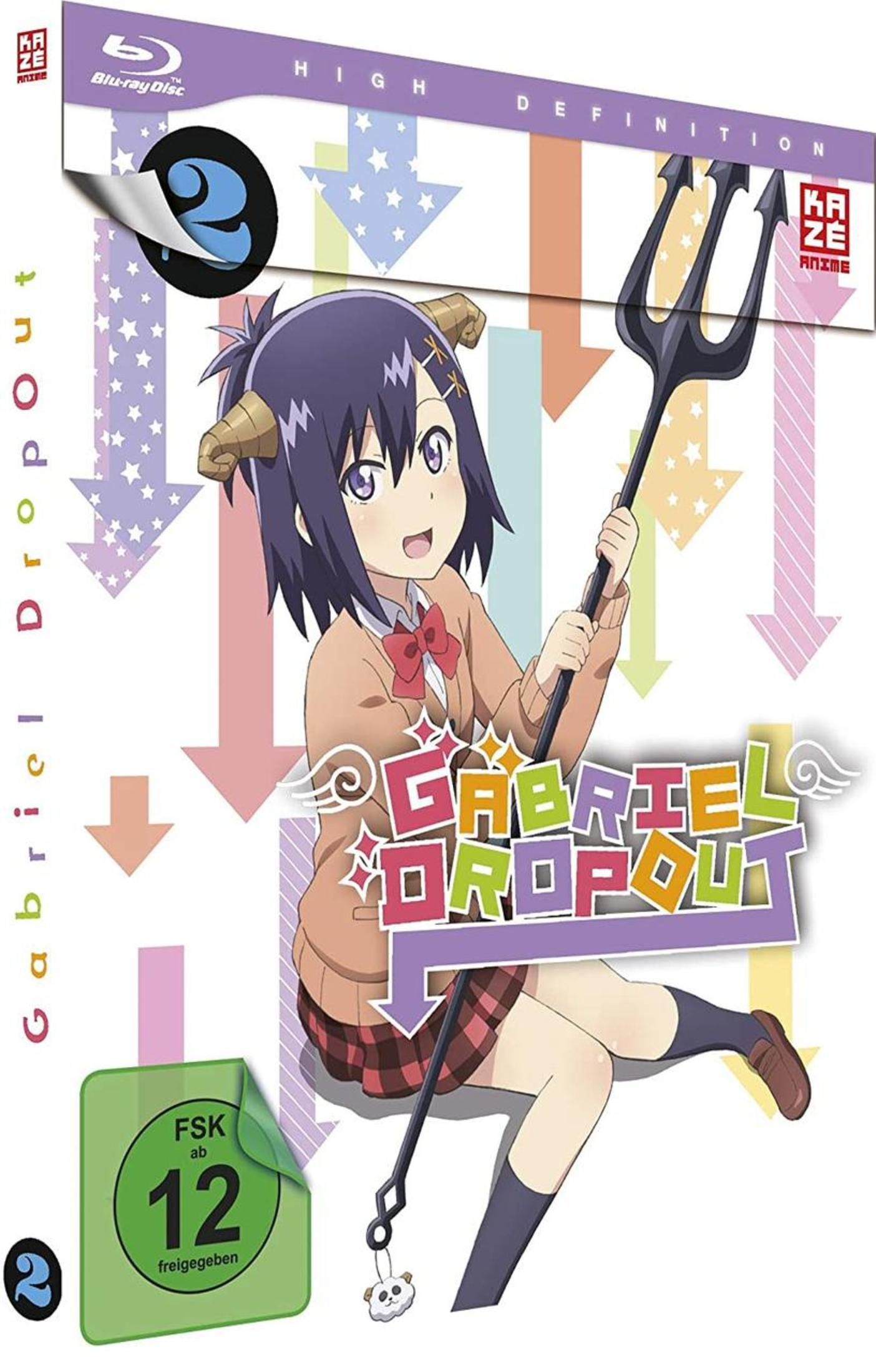 Anime-Blu-ray-Cover mit einem Mädchen mit Hörnern, die eine Heugabel hält, vor einem bunten Hintergrund mit Pfeilen.