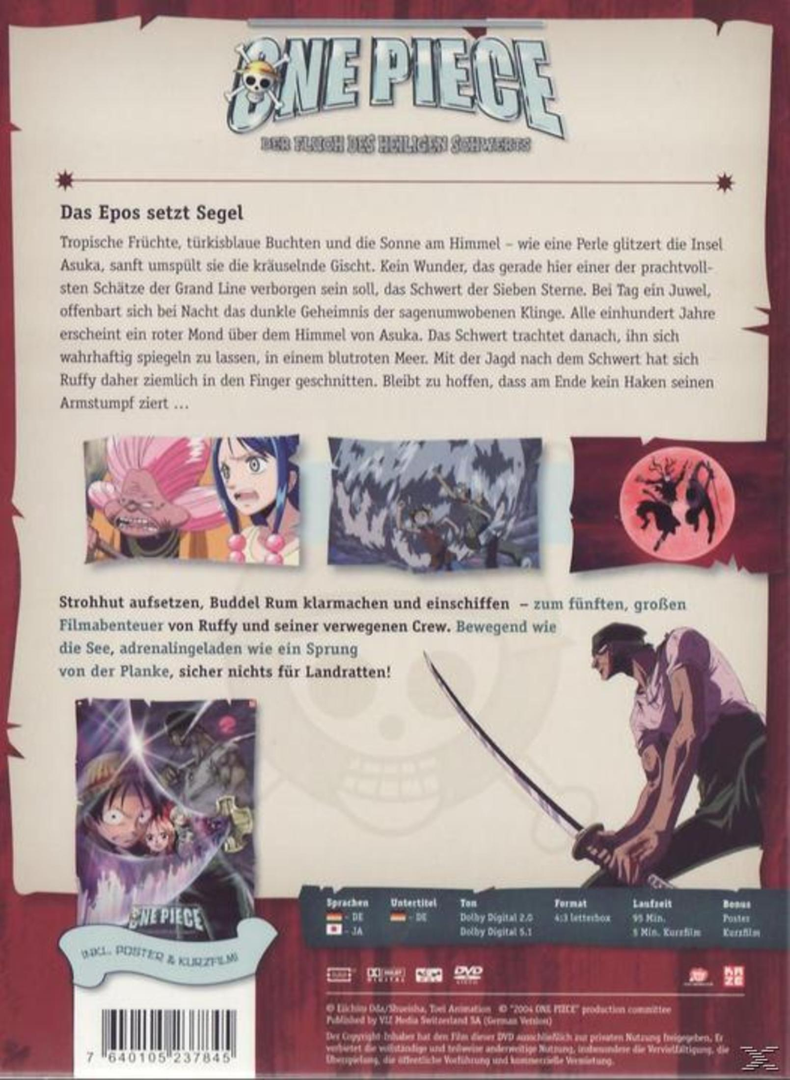 Rückseite einer One Piece DVD-Hülle mit Text, Bildern aus dem Film, Charakteren und technischen Details.