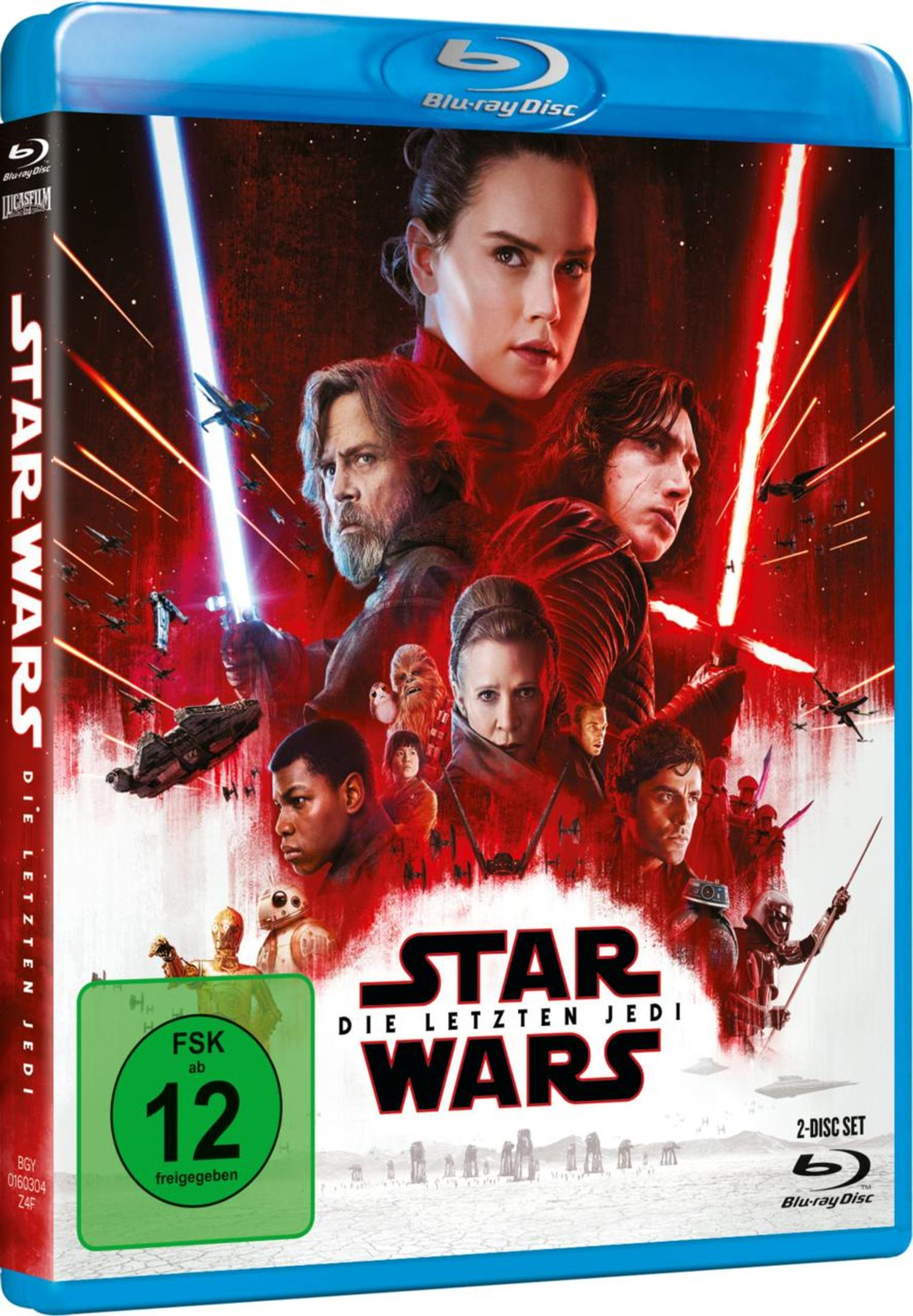 Blu-ray-Cover von Star Wars: Die letzten Jedi mit verschiedenen Charakteren und rotem Hintergrund.