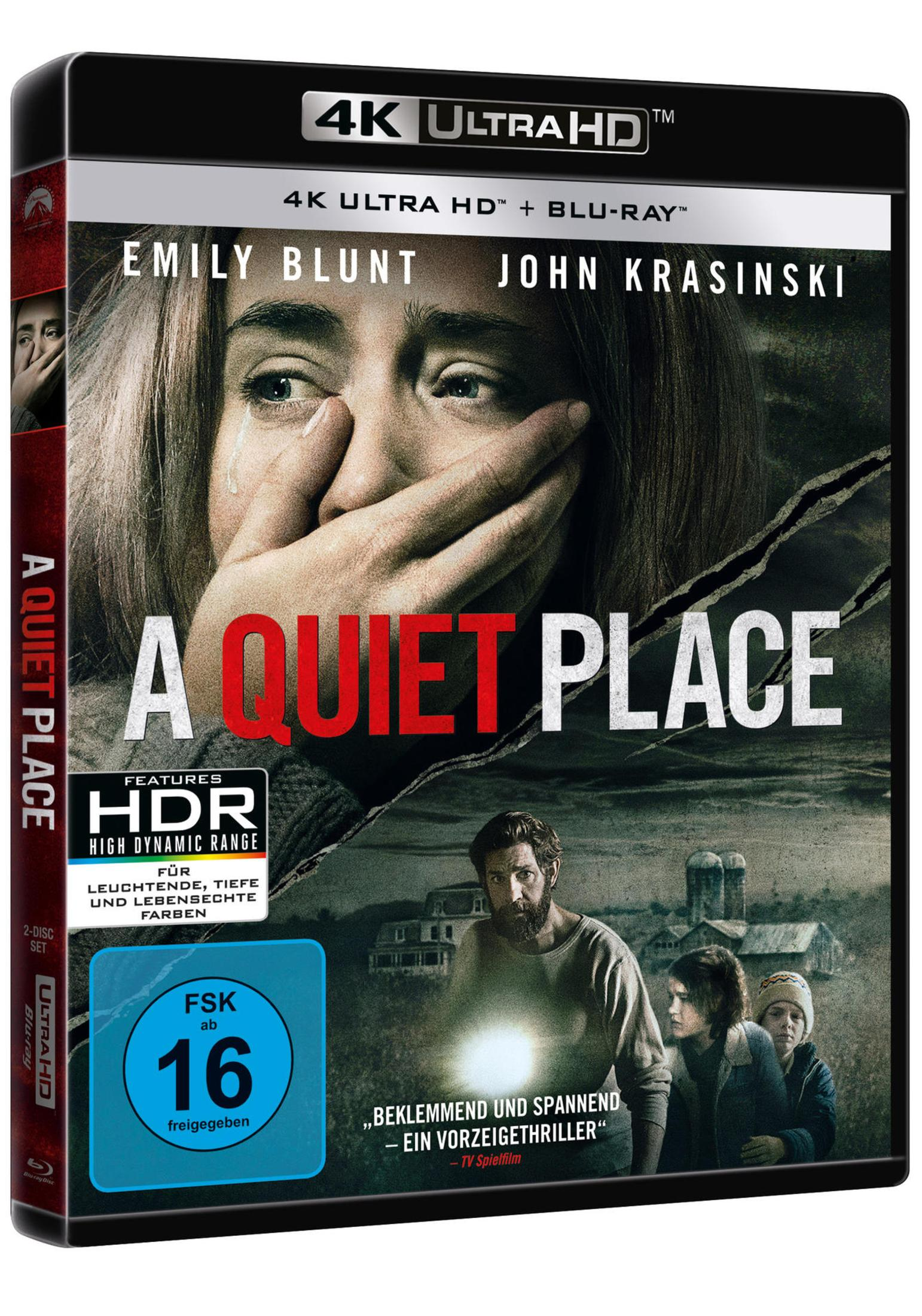 DVD-Cover von A Quiet Place mit Emily Blunt und John Krasinski, mit einer FSK-16-Altersfreigabe.