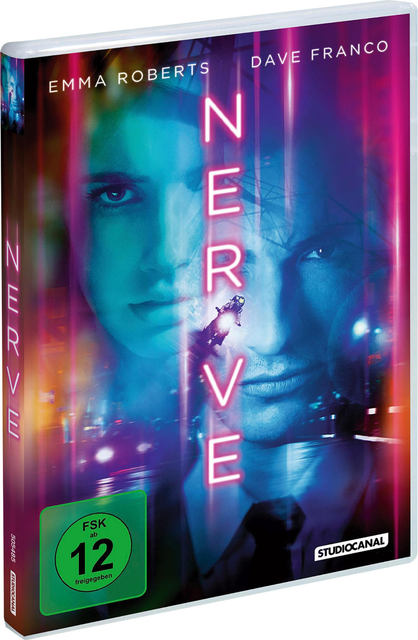 DVD-Hülle des Films Nerve mit Emma Roberts und Dave Franco in Neonblau und Rosa.