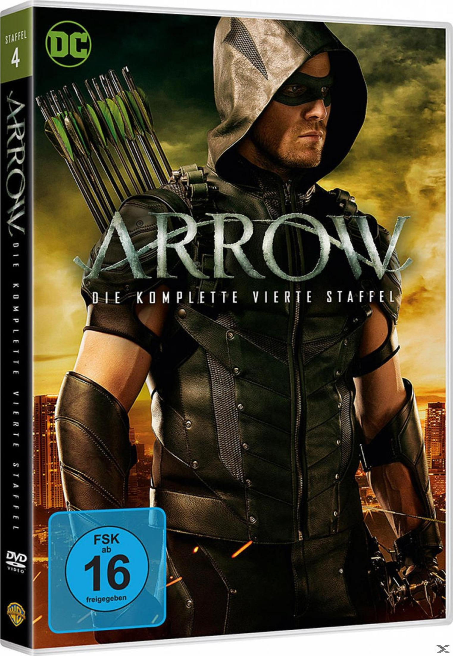 DVD-Cover von Arrow Staffel 4 mit dem grünen Bogenschützen vor einer Skyline.