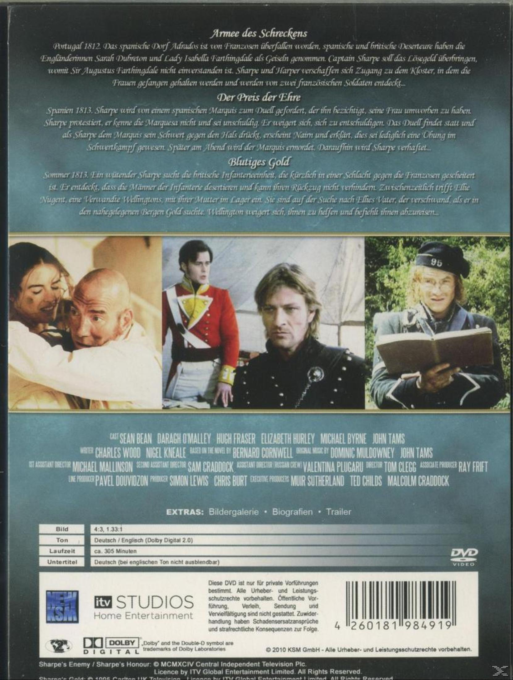 DVD-Rückseite mit drei Filmszenen, Textblöcken, Darstellerliste, technischen Details und Barcode.