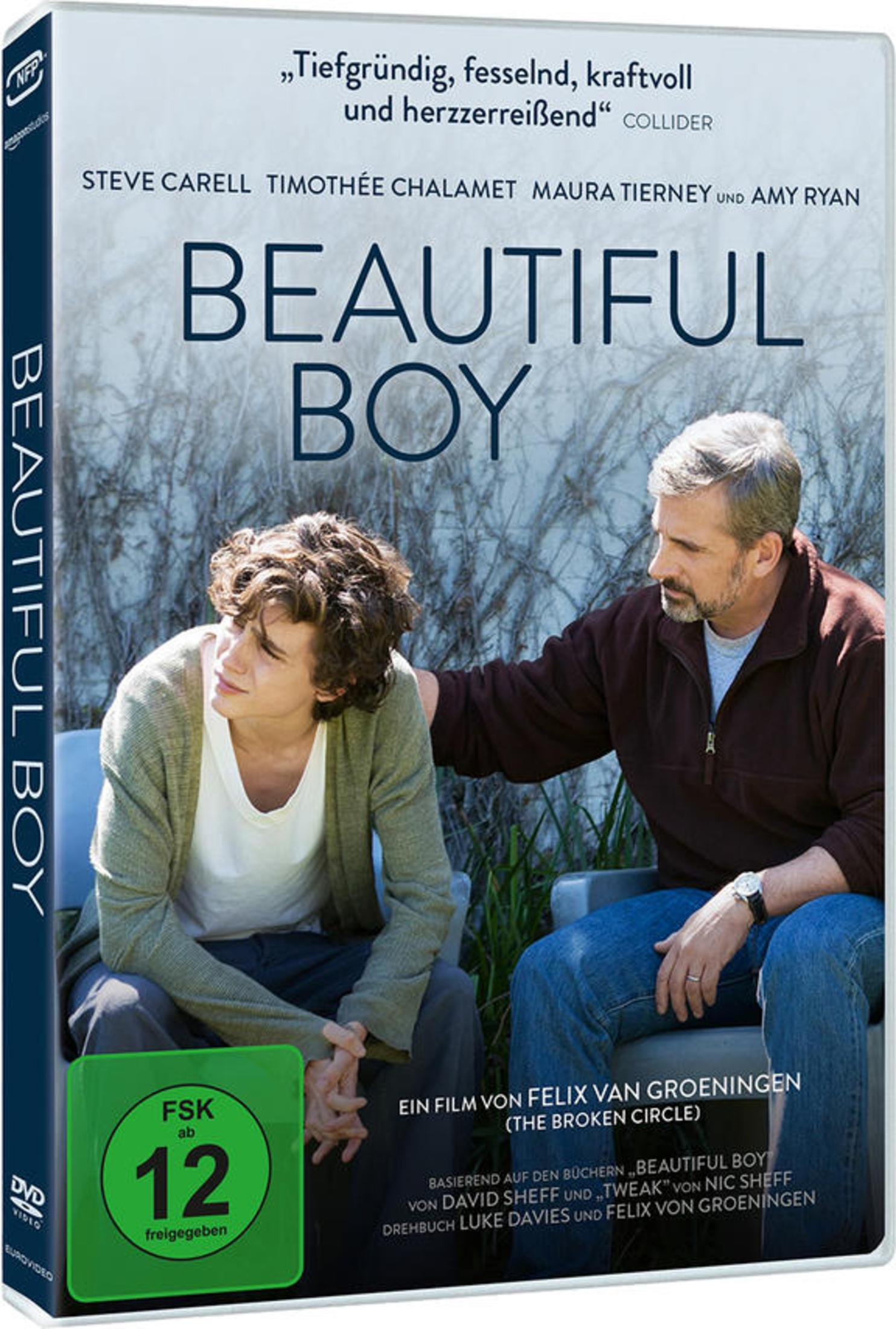 DVD-Cover von Beautiful Boy mit Timothée Chalamet und Steve Carell outdoors.