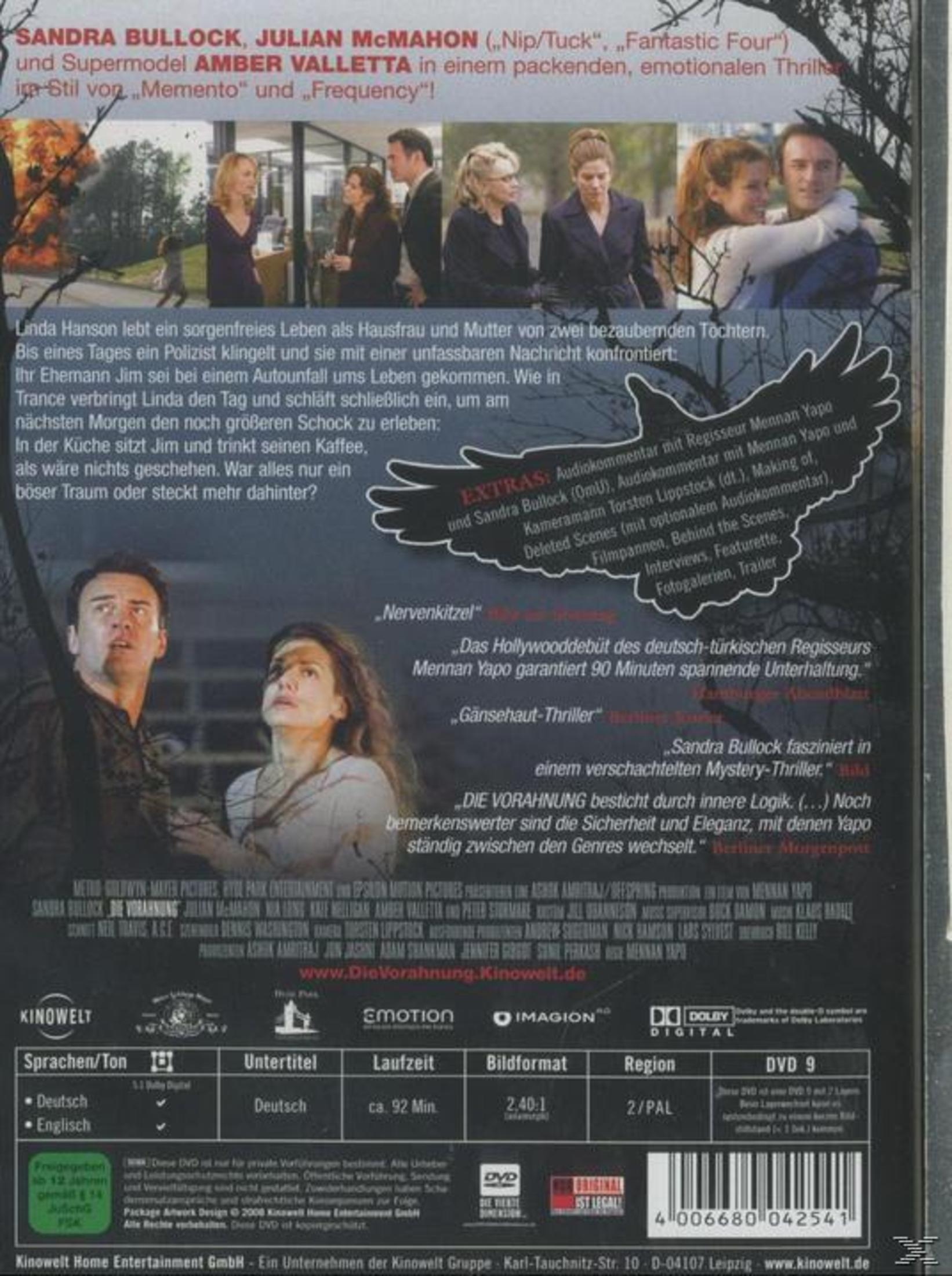 Rückseite einer DVD-Hülle mit Szenenbildern, Texten und technischen Angaben des Films Premonition.