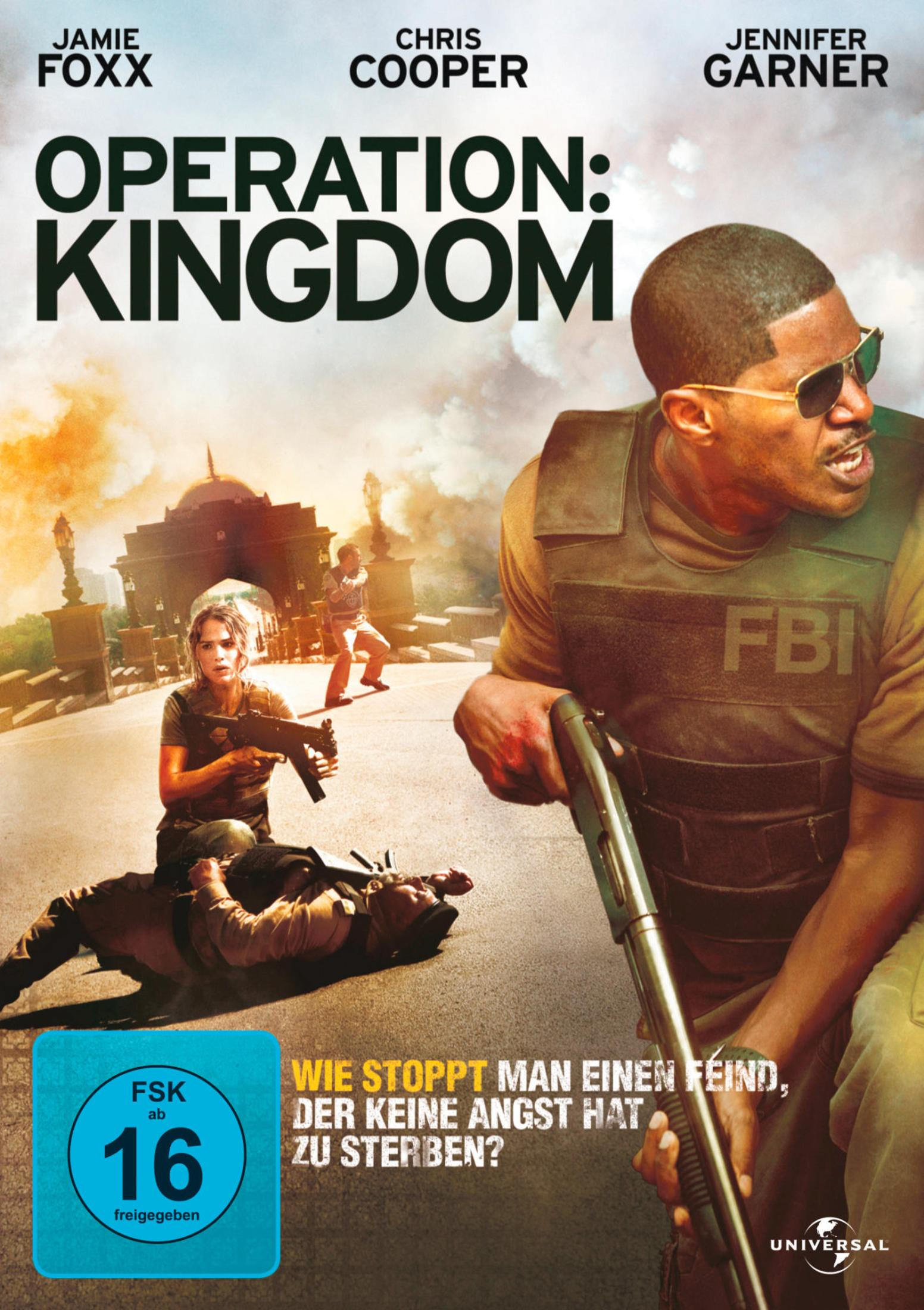 Filmplakat für Operation: Kingdom mit Jamie Foxx in FBI-Weste und bewaffneten Charakteren im Hintergrund.