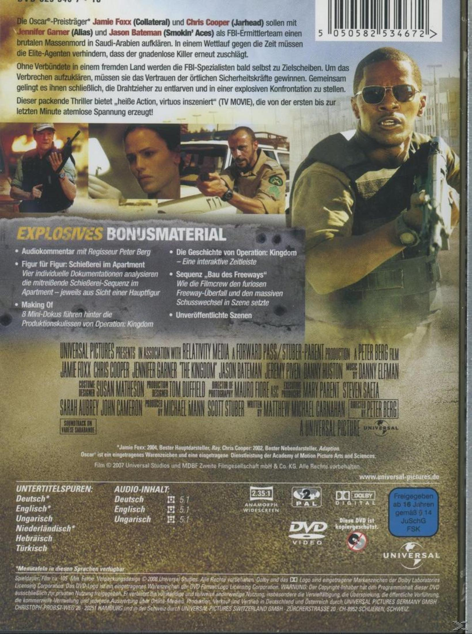 DVD-Rückseite des Films Kingdom mit Jamie Foxx, Text und Cast-Informationen auf Deutsch.