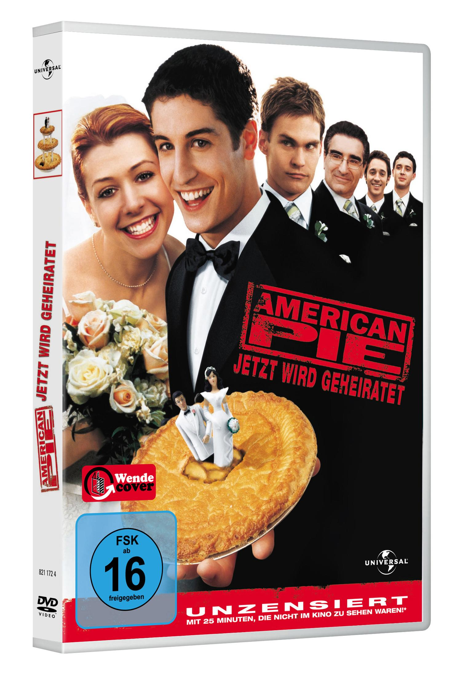 DVD-Cover von American Wedding mit lächelndem Brautpaar, Kuchen mit Tortenfiguren und Trauzeugen.
