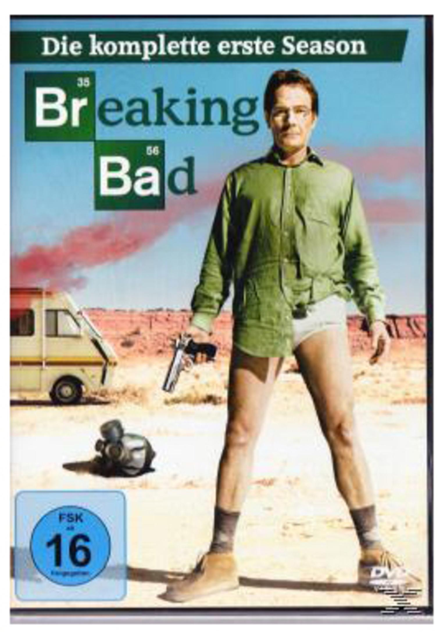 DVD-Cover von Breaking Bad: Ein Mann in grünem Hemd und Unterhose steht in der Wüste mit einer Waffe.
