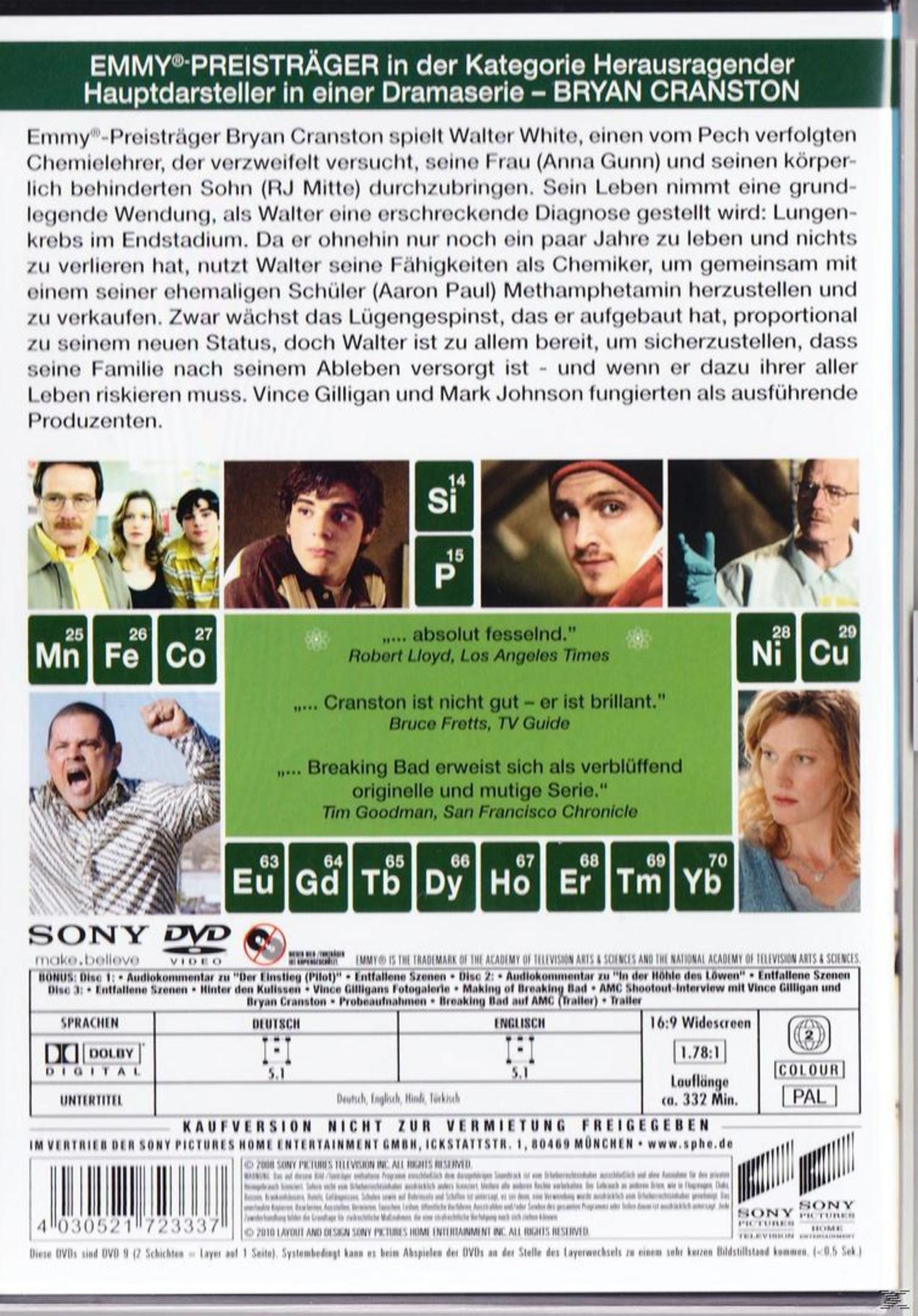 Rückseite einer Breaking Bad DVD-Hülle mit Synopsis, Bildern und technischen Details.