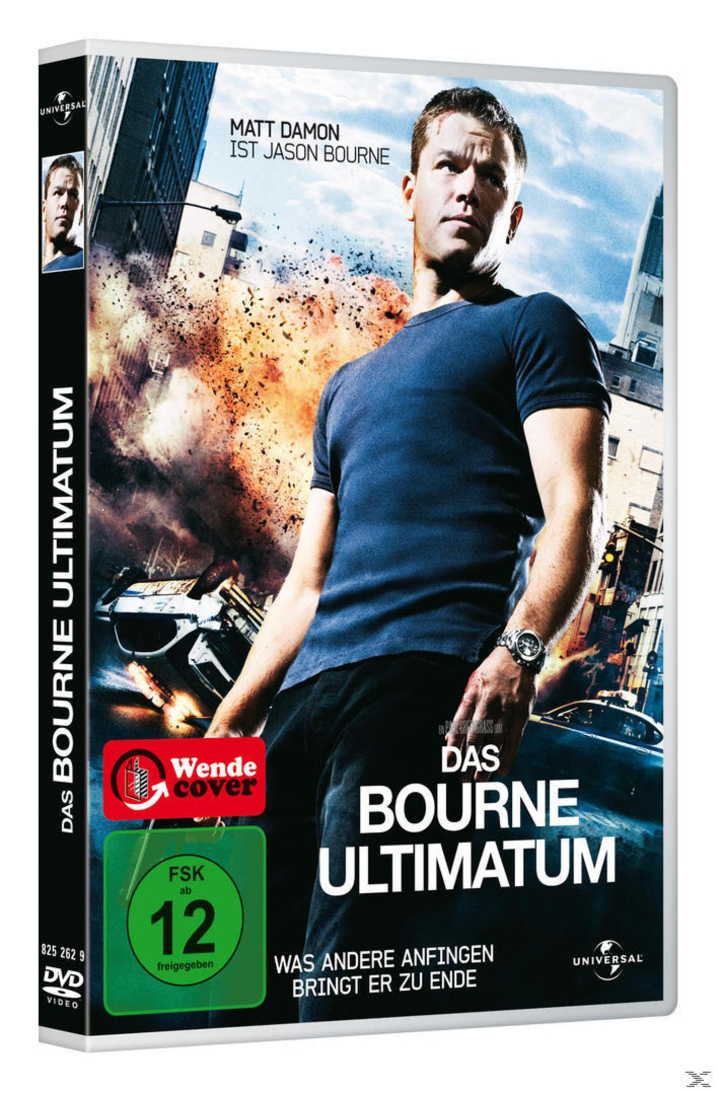 DVD-Cover von Das Bourne Ultimatum mit Matt Damon vor einer Stadtexplosion und einem überschlagenen Auto.