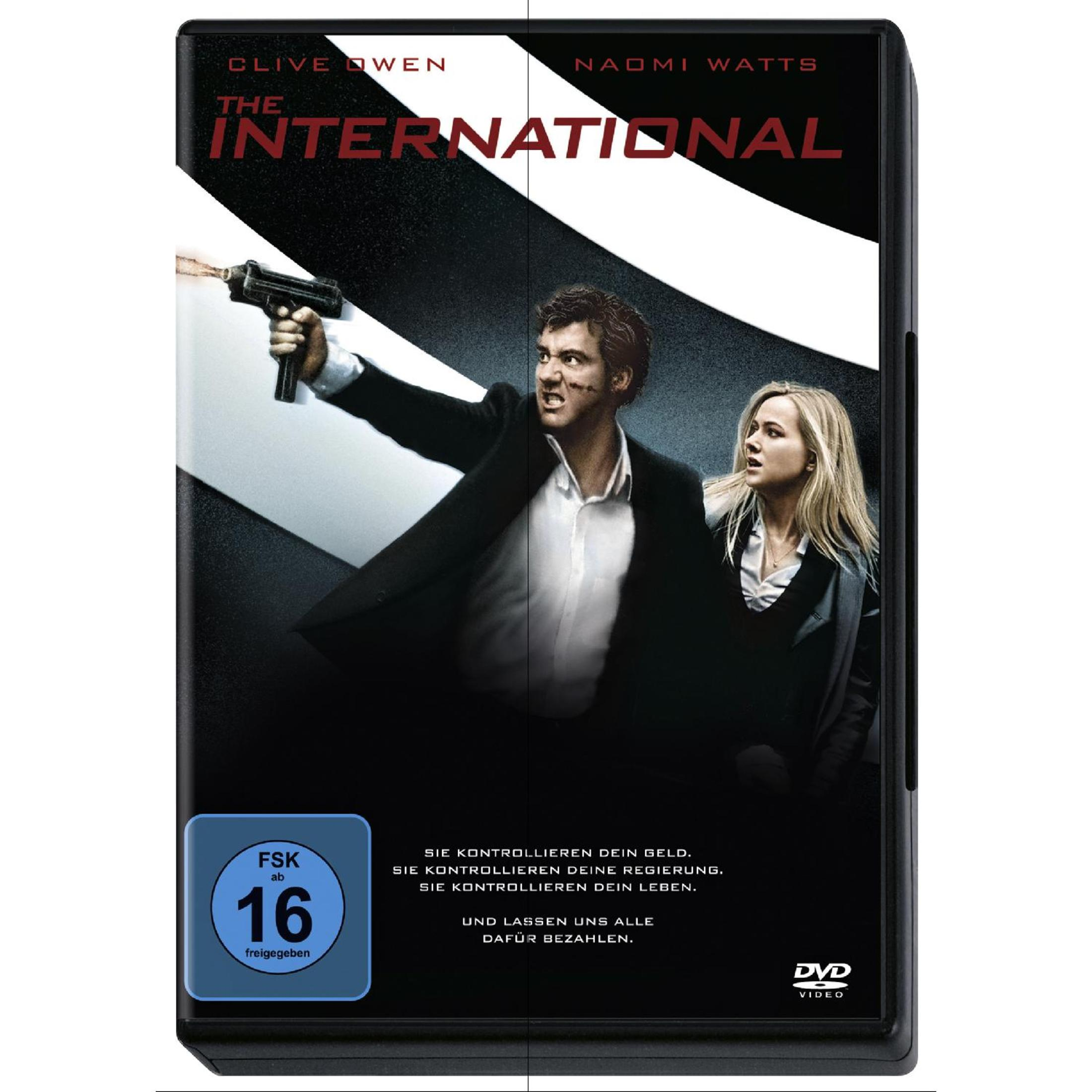 DVD-Cover von The International mit Clive Owen, der eine Waffe hält, und Naomi Watts vor weiß-schwarzem Hintergrund.