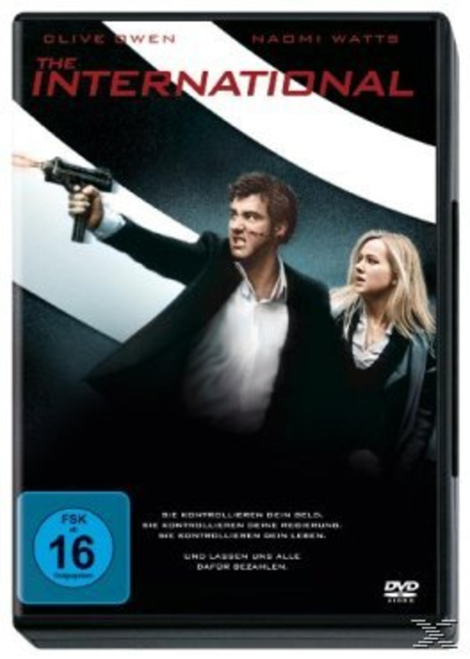 DVD-Cover von The International mit Clive Owen, der eine Waffe hält, und Naomi Watts vor einem Hintergrund.