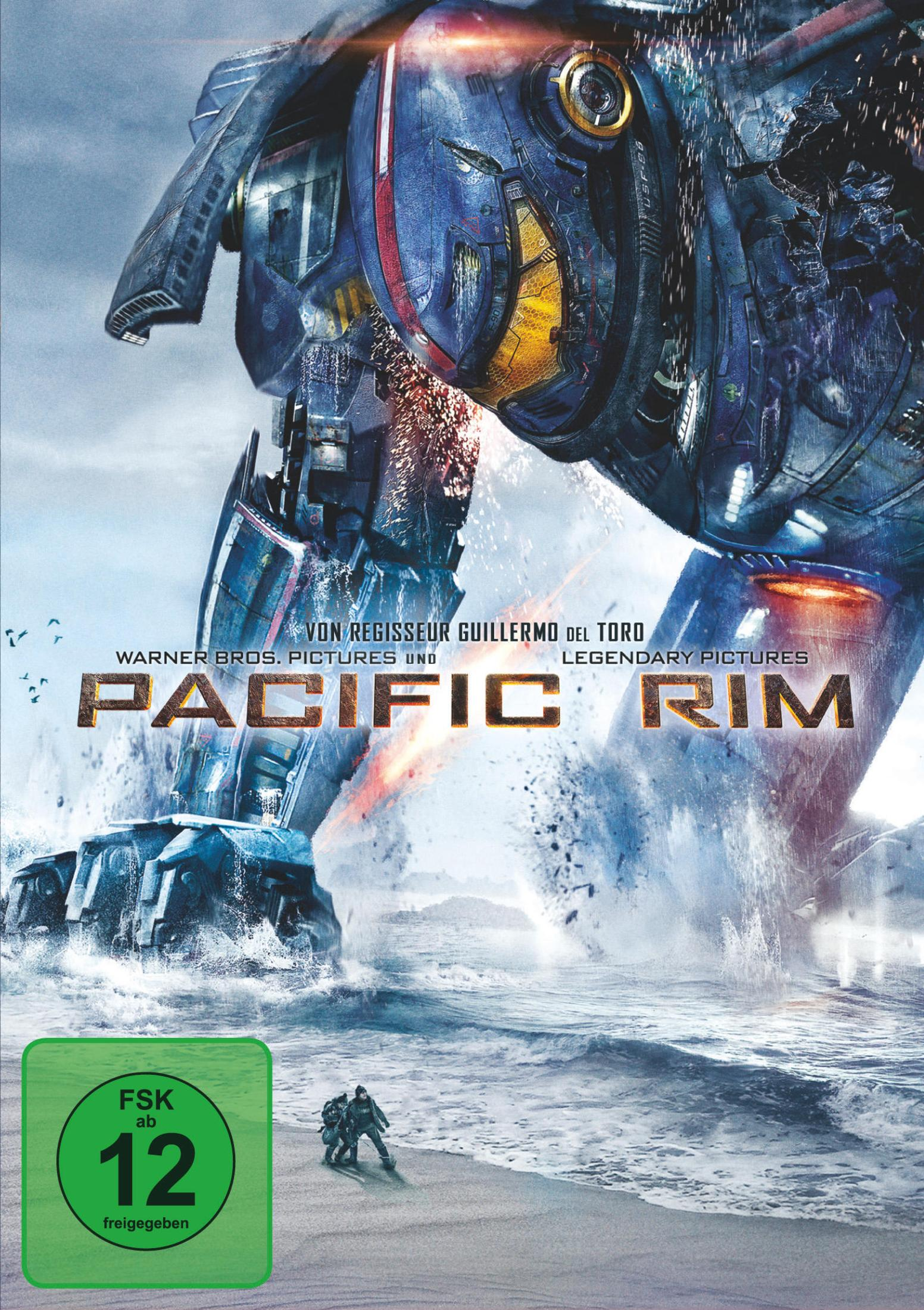 Ein riesiger blauer Mech steht im Ozean neben einem Strand, auf dem zwei winzige Menschen aufschauen.