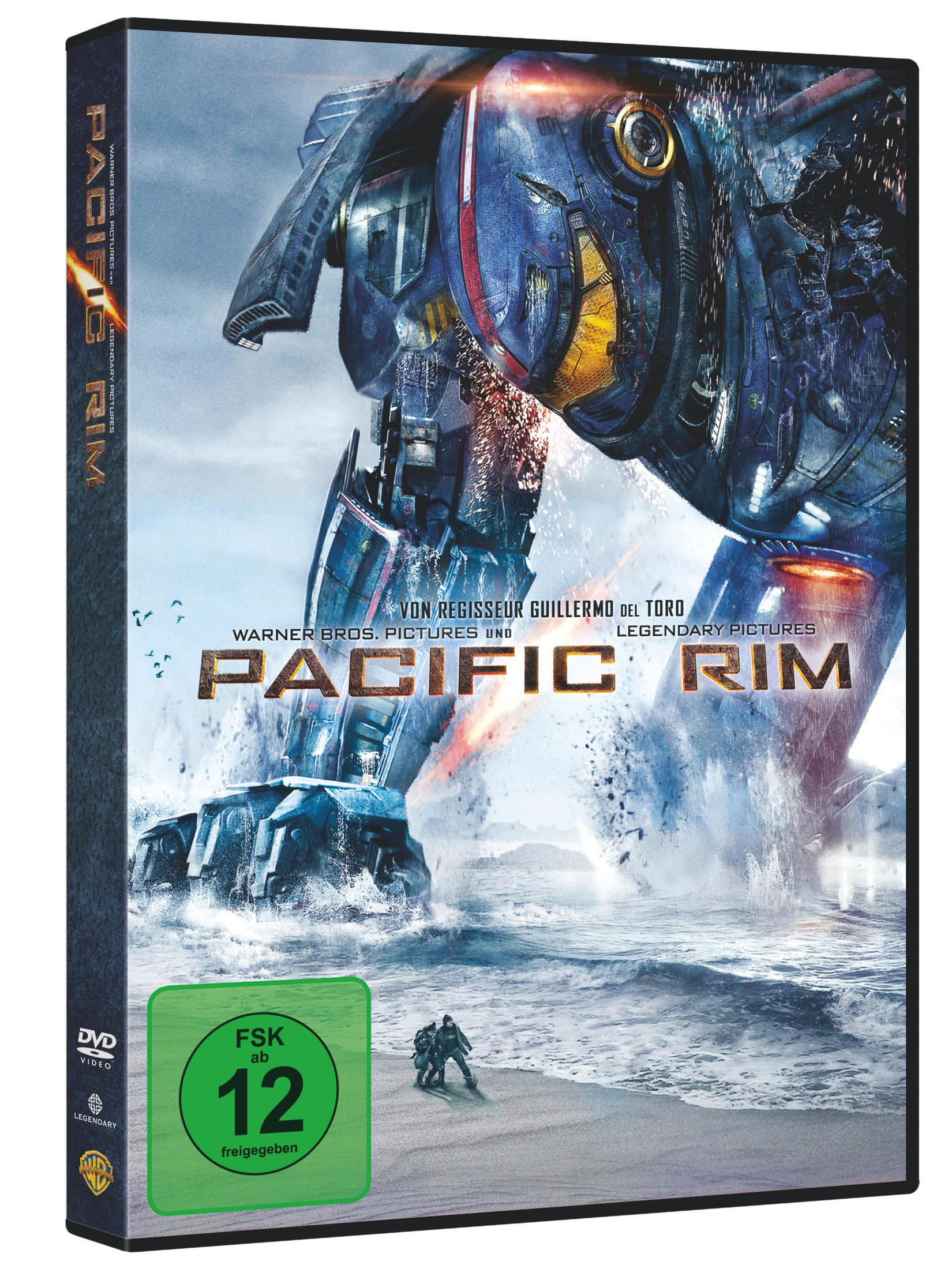DVD-Cover von Pacific Rim mit einem riesigen blauen Roboter im Ozean am Strand mit winzigen Menschen.