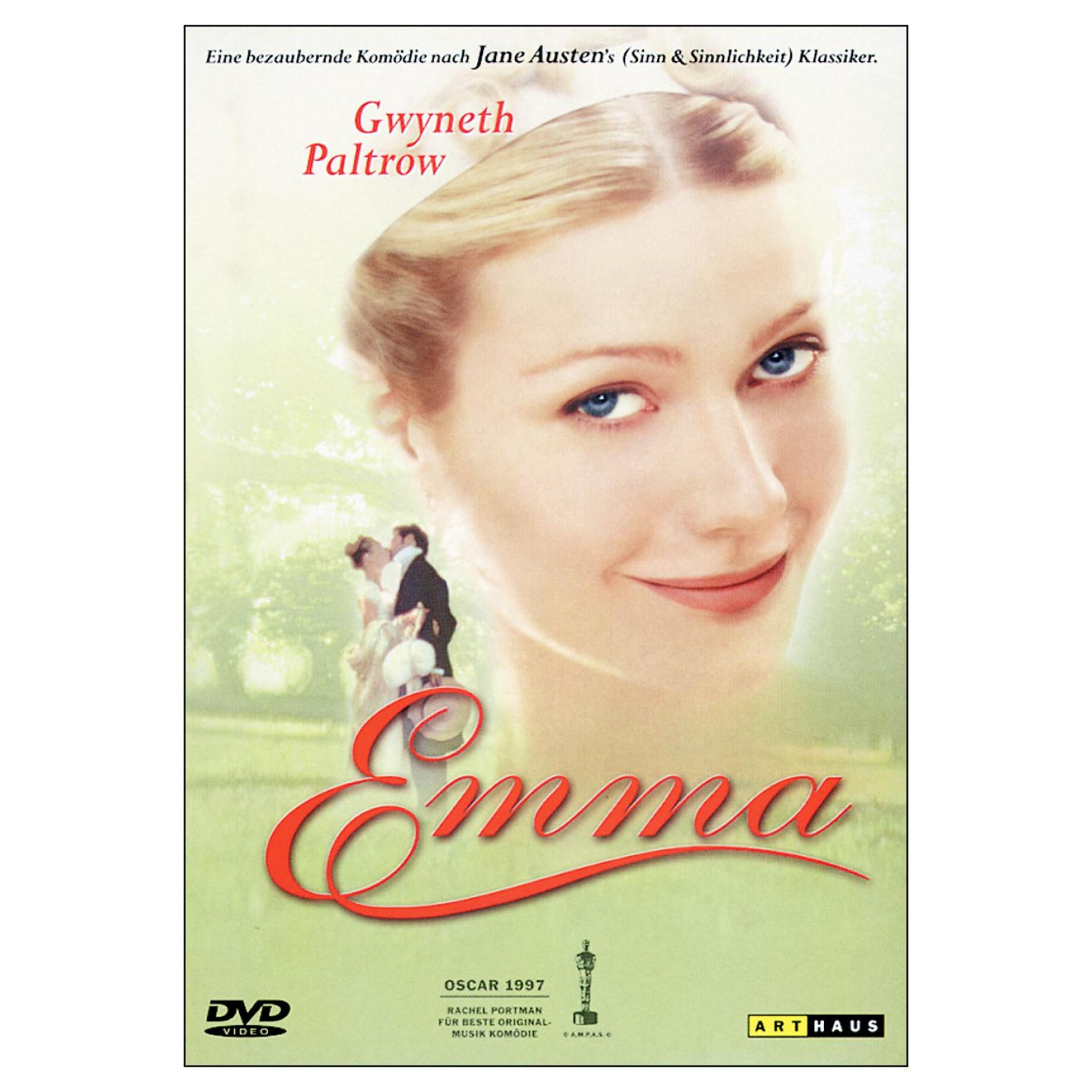 DVD-Cover von Emma mit Gwyneth Paltrow, ein Porträt im Vordergrund und tanzendes Paar im Hintergrund.