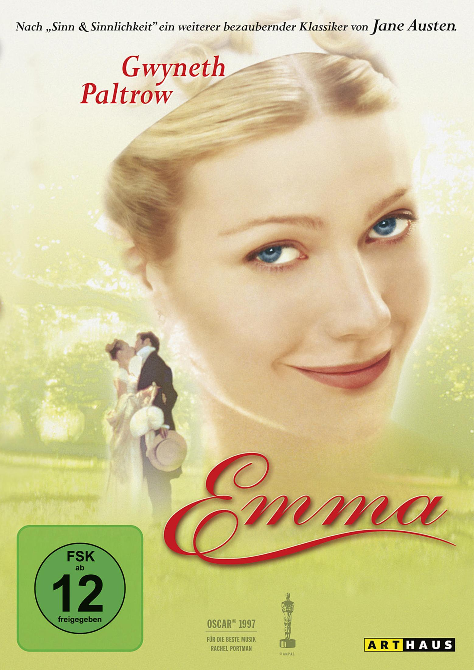 Filmplakat von Emma mit Gwyneth Paltrow, im Hintergrund ein Liebespaar im Park und ein grünes FSK-12-Logo.