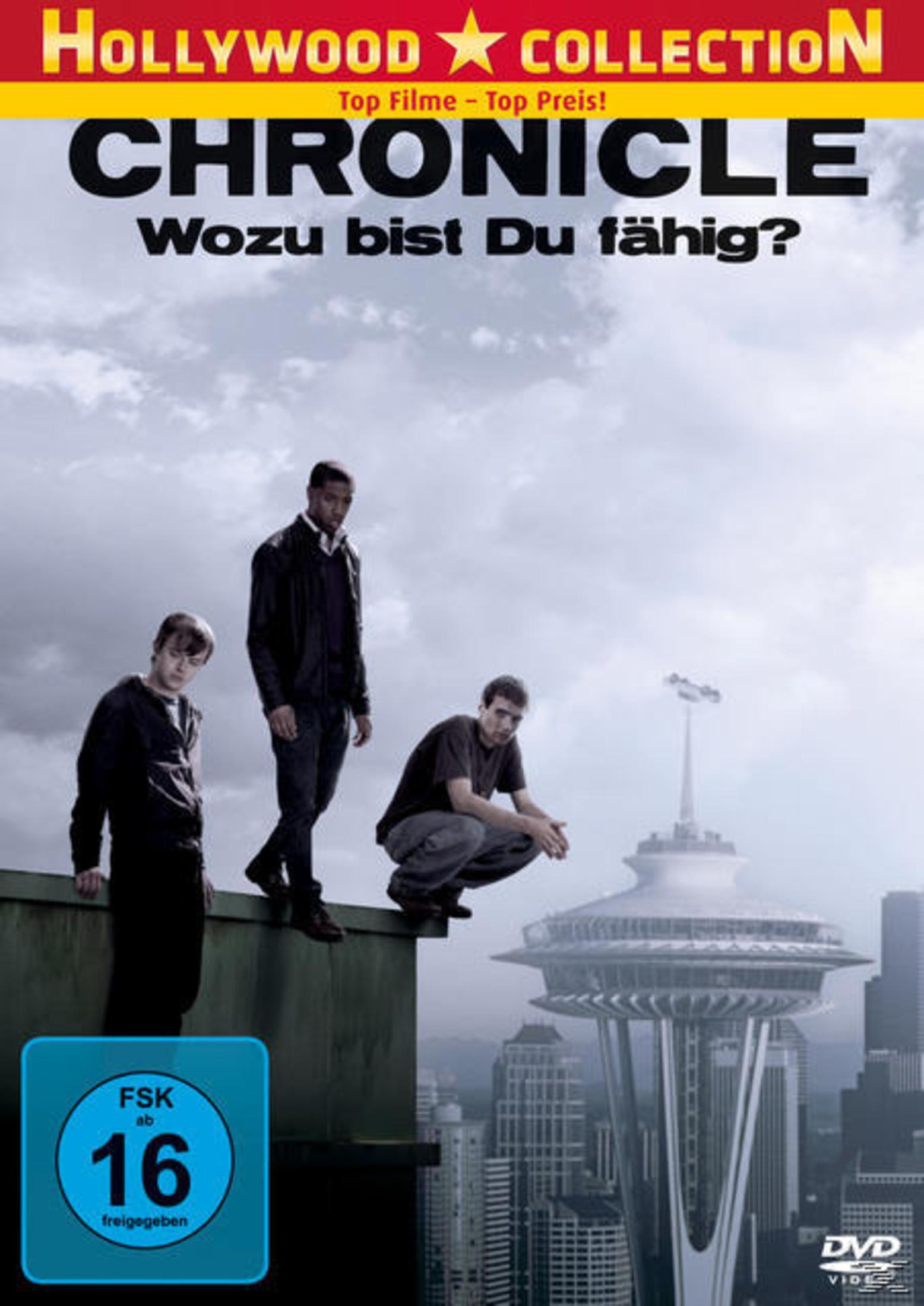 DVD-Cover von Chronicle mit drei jungen Männern auf einem Dach mit Blick auf eine Stadt unter bewölktem Himmel.