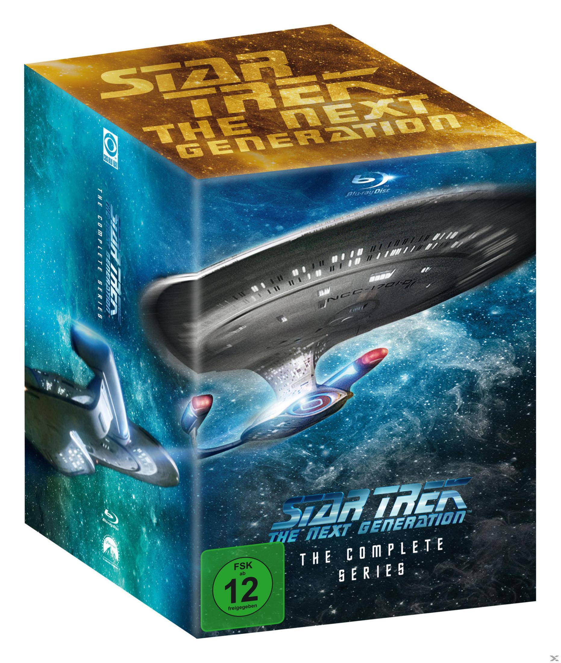 Star Trek The Next Generation Die komplette Serie Blu-ray-Box mit der USS Enterprise im Weltraum.