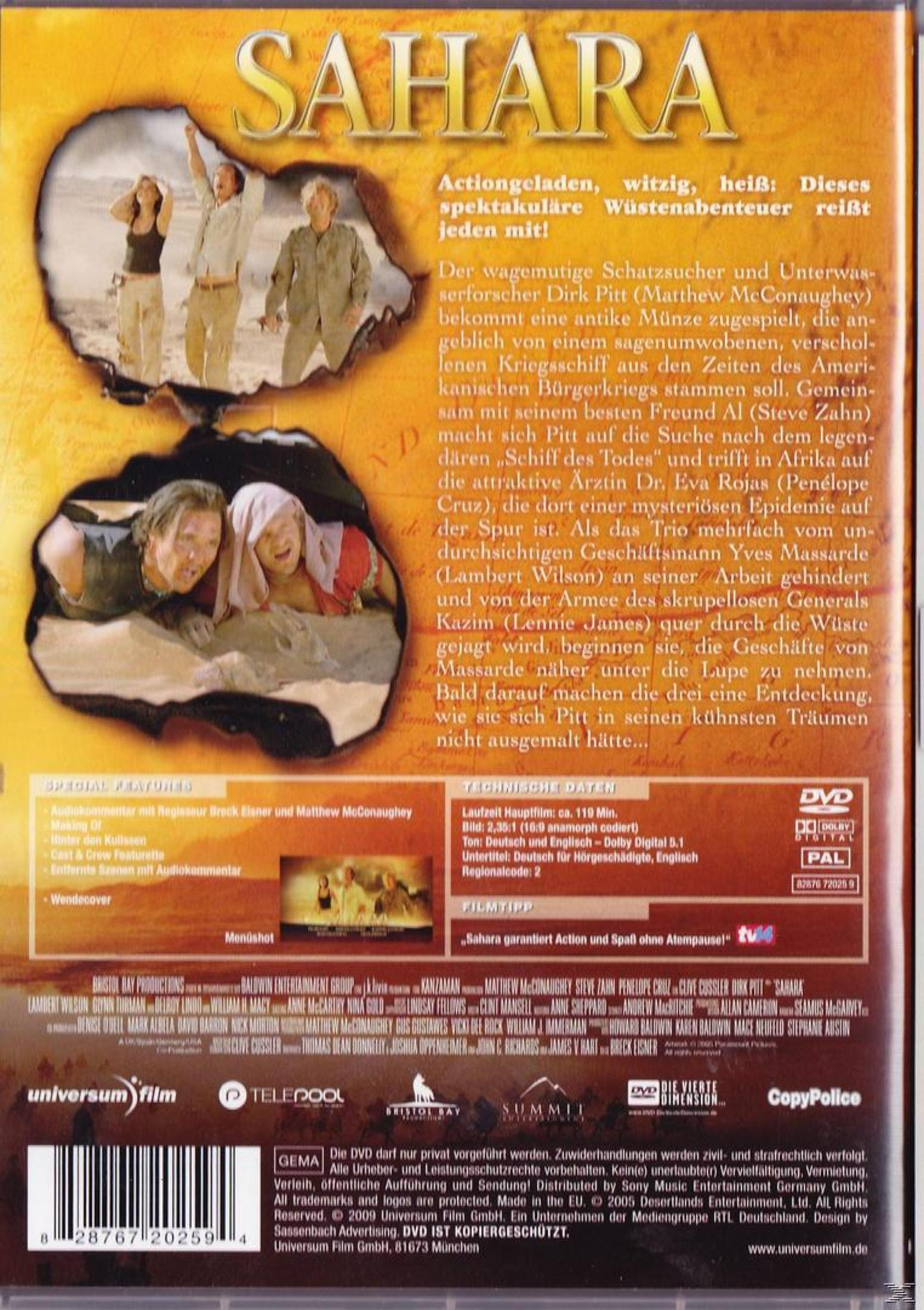 DVD-Hülle des Abenteuerfilms Sahara mit Bildern der Hauptdarsteller, deutscher Filmbeschreibung und technischen Daten.
