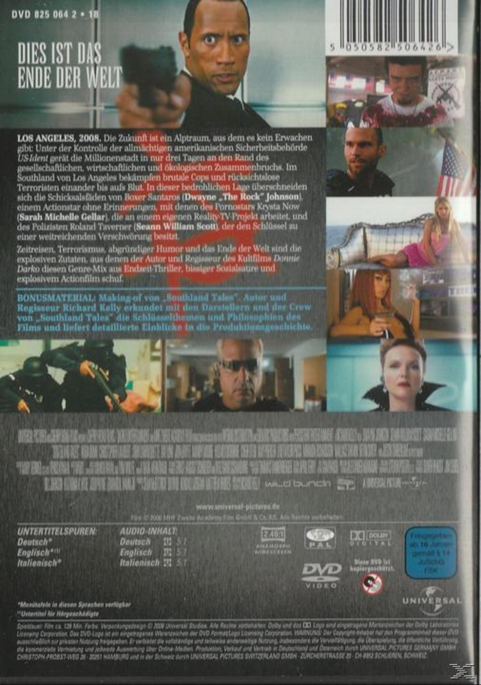 DVD-Hülle des Films Southland Tales mit Text und Bildern der Schauspieler.