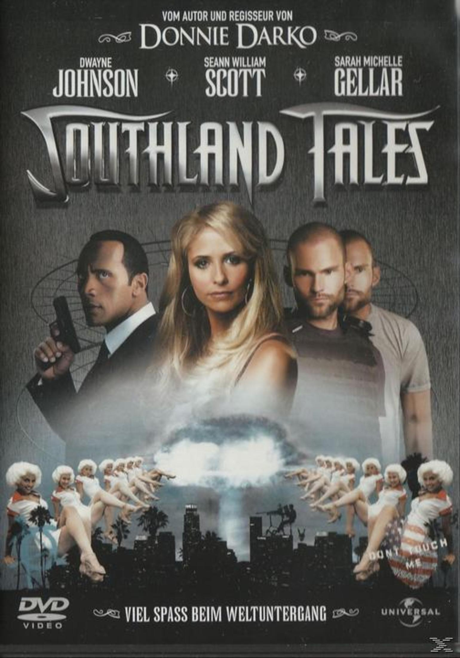 DVD-Cover von Southland Tales mit Dwayne Johnson, Sarah Michelle Gellar und Seann William Scott.