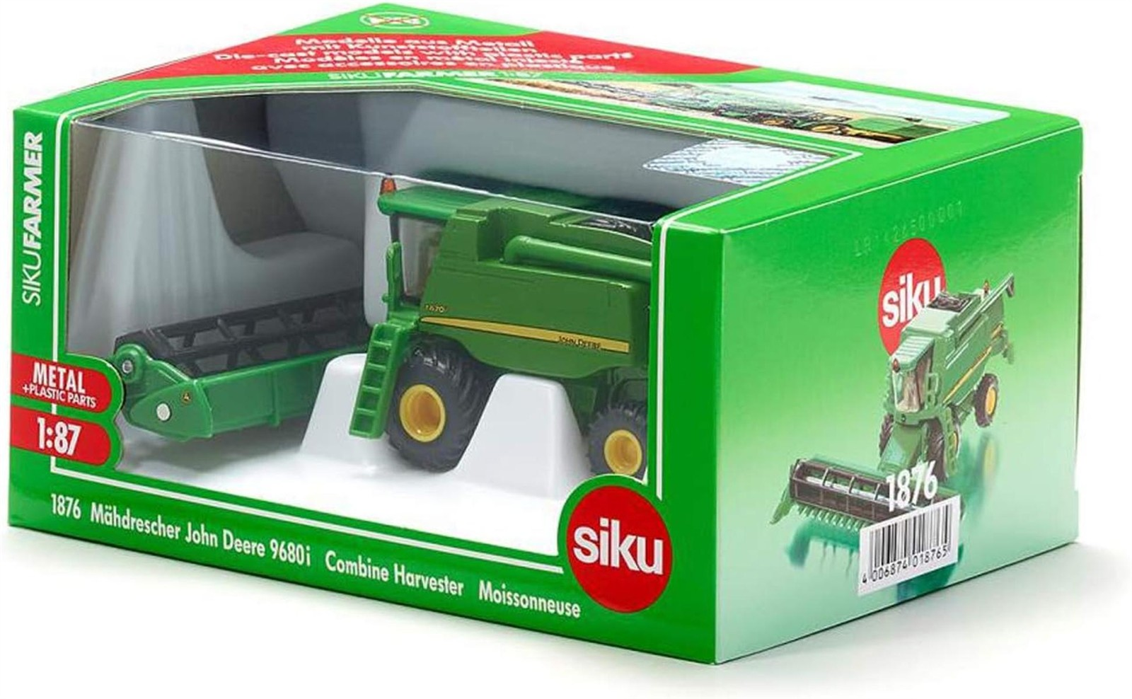 Embalaje verde de Siku con una cosechadora John Deere a escala 1:87 dentro.
