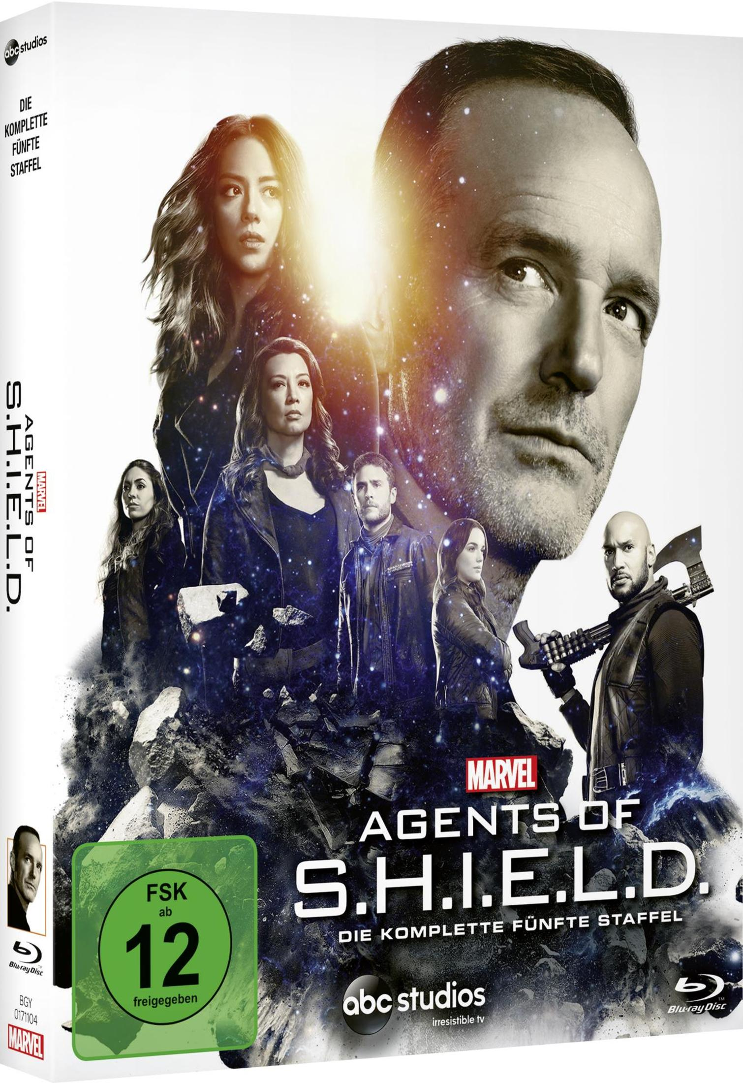 DVD-Cover von Marvels Agents of S.H.I.E.L.D. Staffel 5 mit Hauptcharakteren und FSK-12-Logo.