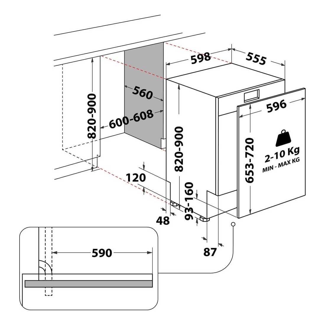 Disegno tecnico con quote per l'installazione di una lavastoviglie da incasso.