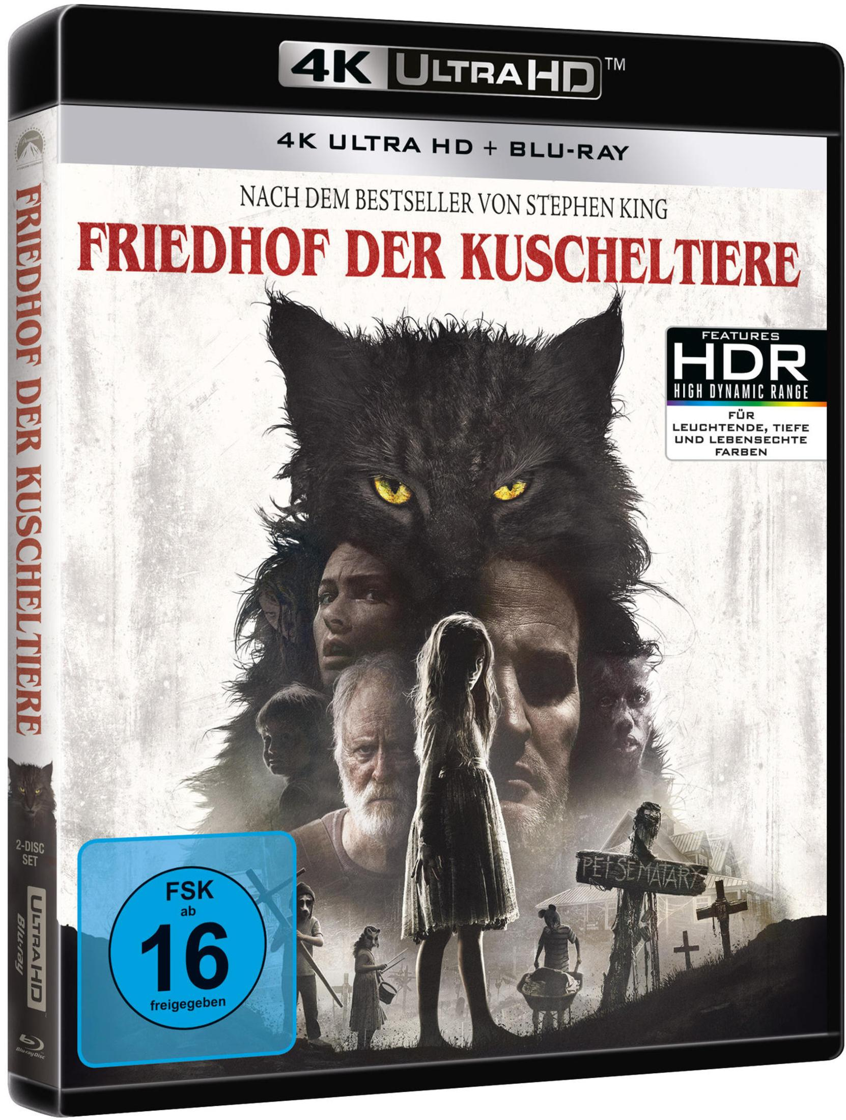 4K Ultra HD Blu-ray-Cover von Friedhof der Kuscheltiere mit schwarzem Katzenkopf, Charakteren und FSK-16-Logo.