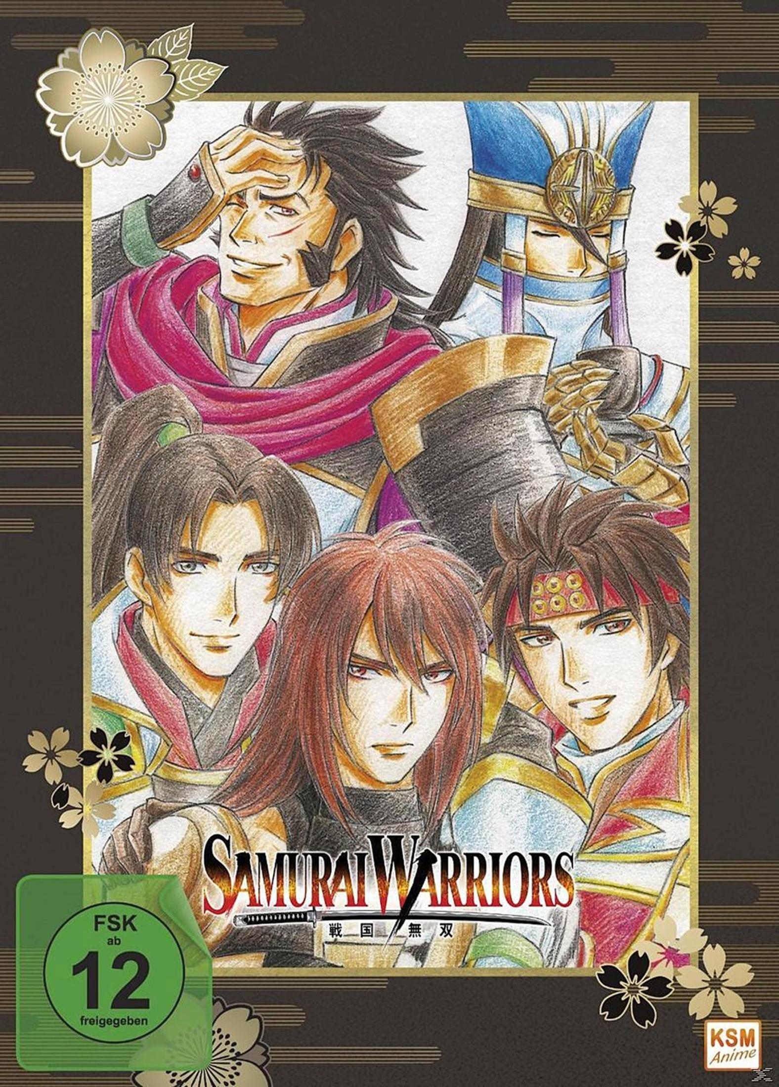 Anime-Illustration von fünf Samurai-Kriegern in bunten Rüstungen mit dem Titel Samurai Warriors.
