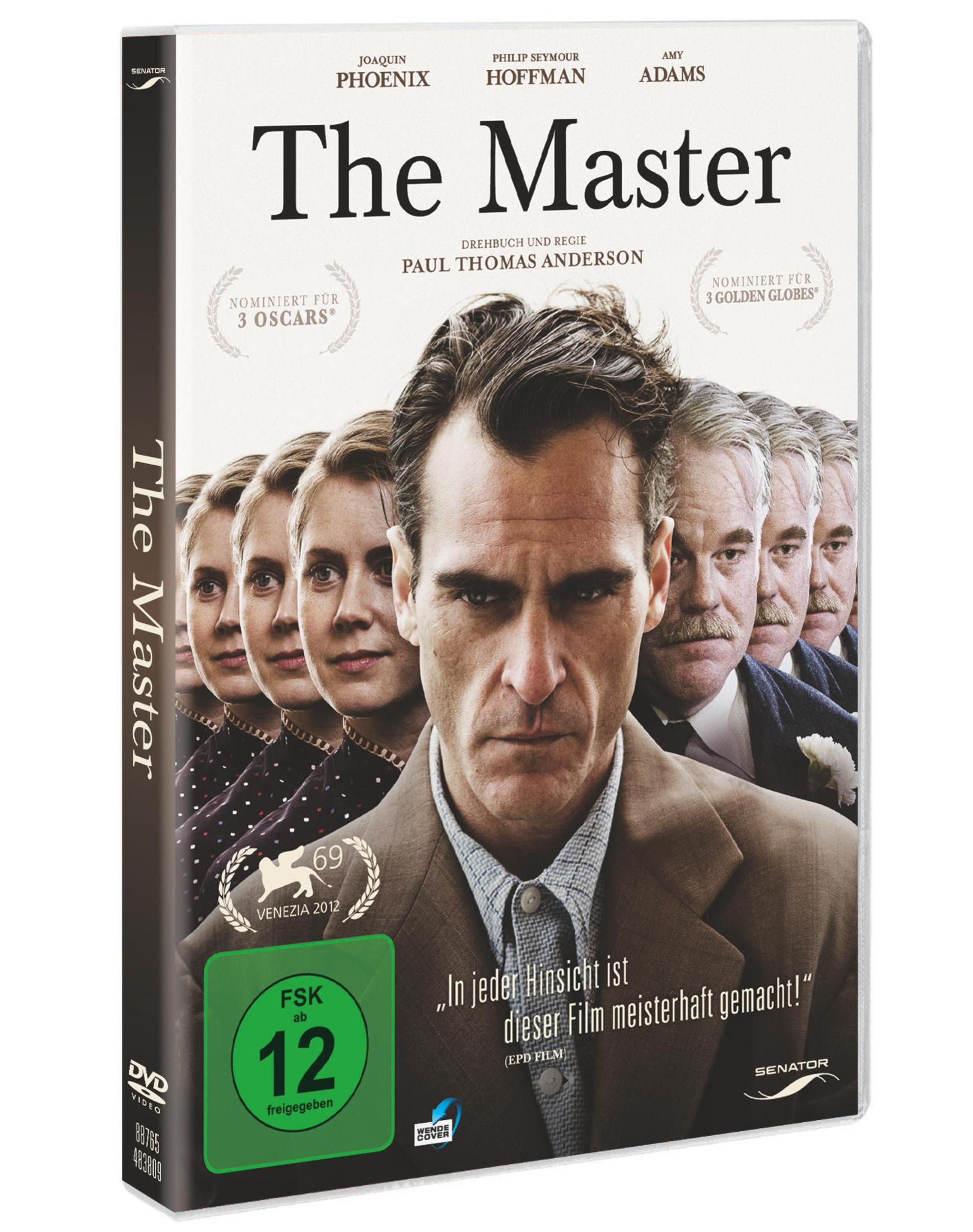 DVD-Hülle des Films The Master mit Joaquin Phoenix, Philip Seymour Hoffman und Amy Adams auf dem Cover.