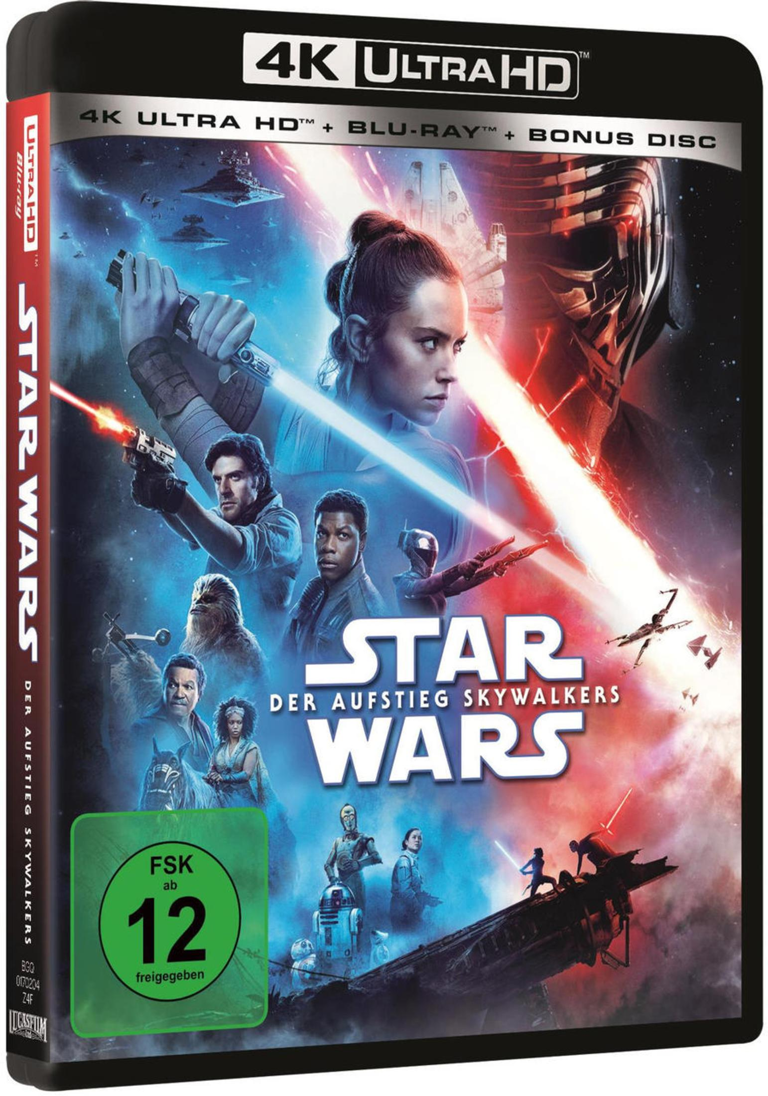 Star Wars Der Aufstieg Skywalkers Blu-ray Cover mit Rey, Kylo Ren und weiteren Charakteren.