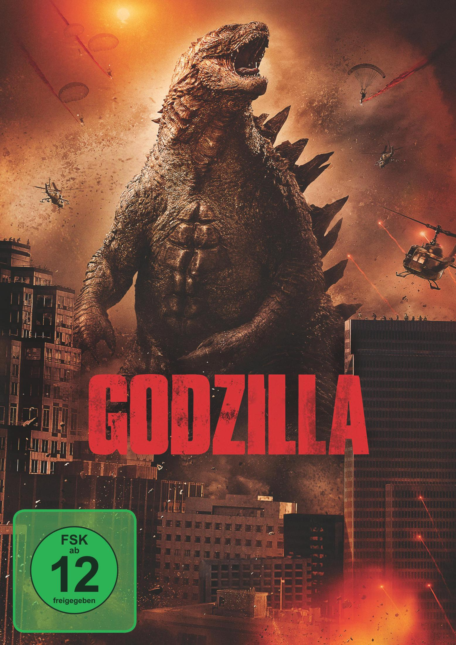 Godzilla brüllt inmitten der Stadtzerstörung mit Hubschraubern und Fallschirmjägern im feurigen Himmel, FSK-12-Logo.