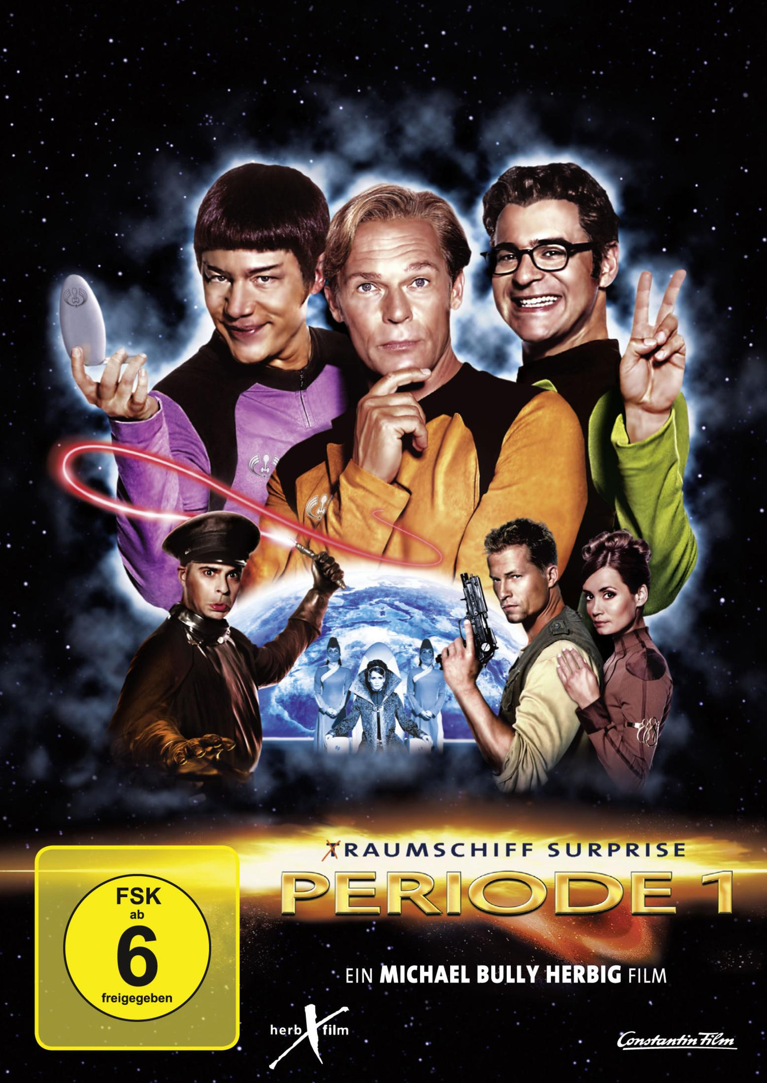 Filmplakat von Traumschiff Surprise - Periode 1 mit mehreren Charakteren im Weltraum und FSK-6-Logo.