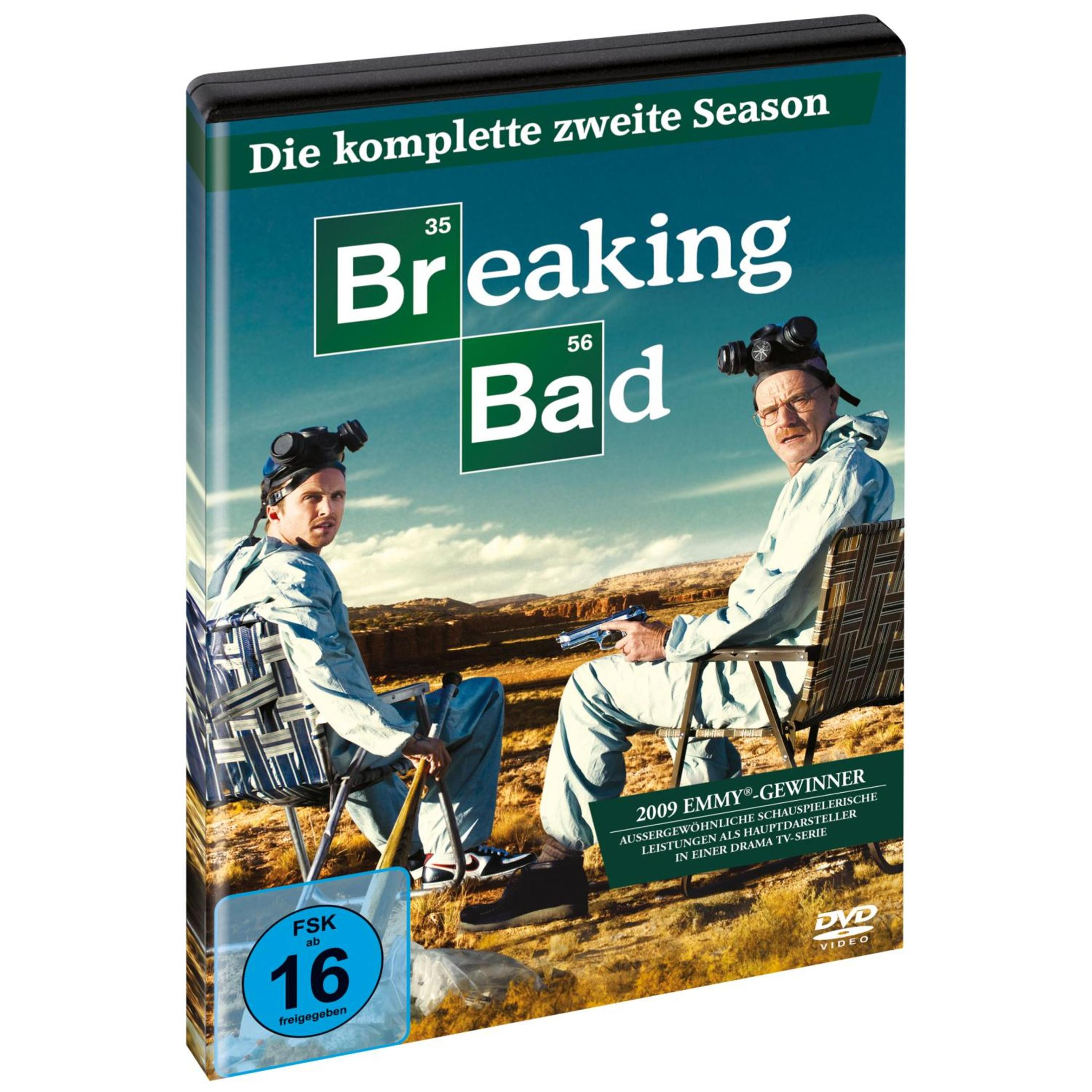 DVD-Cover von Breaking Bad Season 2 mit zwei Männern in Schutzanzügen in der Wüste.