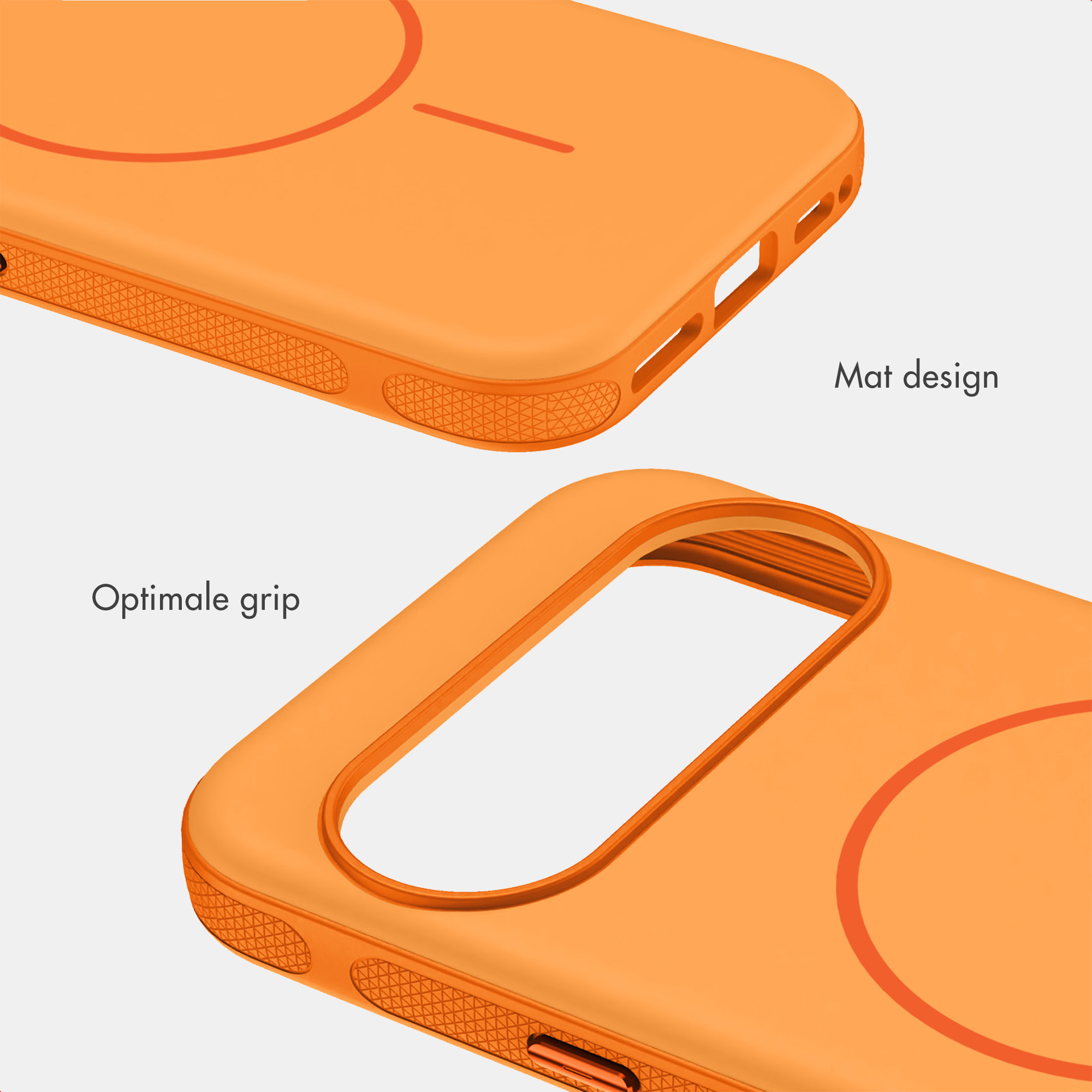 Oranje telefoonhoesje met gestructureerde zijkanten voor optimale grip en mat design.
