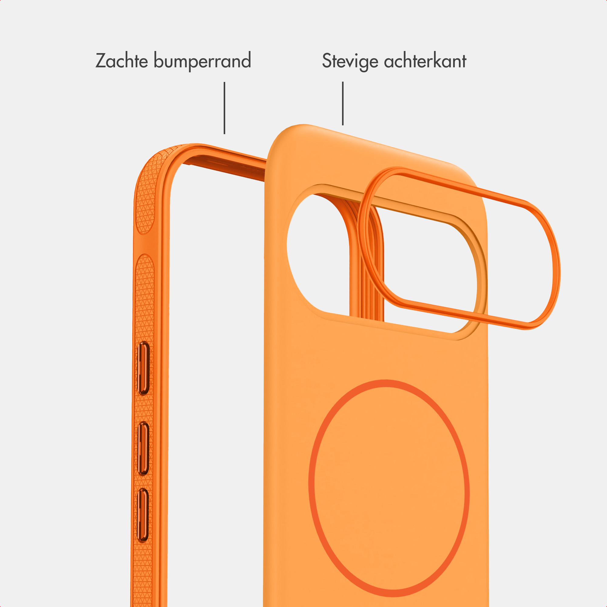 Oranje telefoonhoesje met zachte bumperrand en stevige achterkant, met Nederlandse labels.