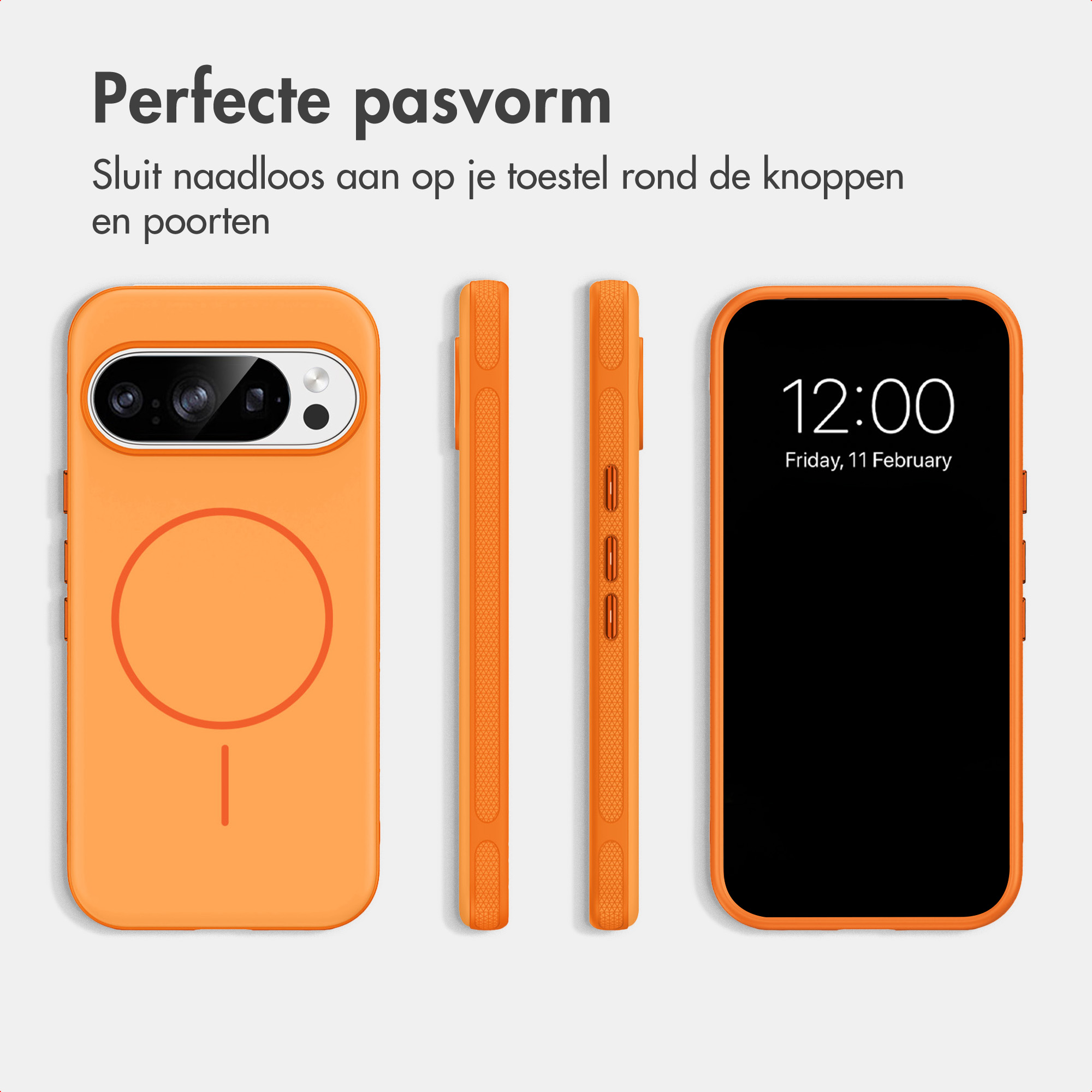 Een helderoranje telefoonhoesje vanuit meerdere hoeken getoond, inclusief de camera en het scherm.