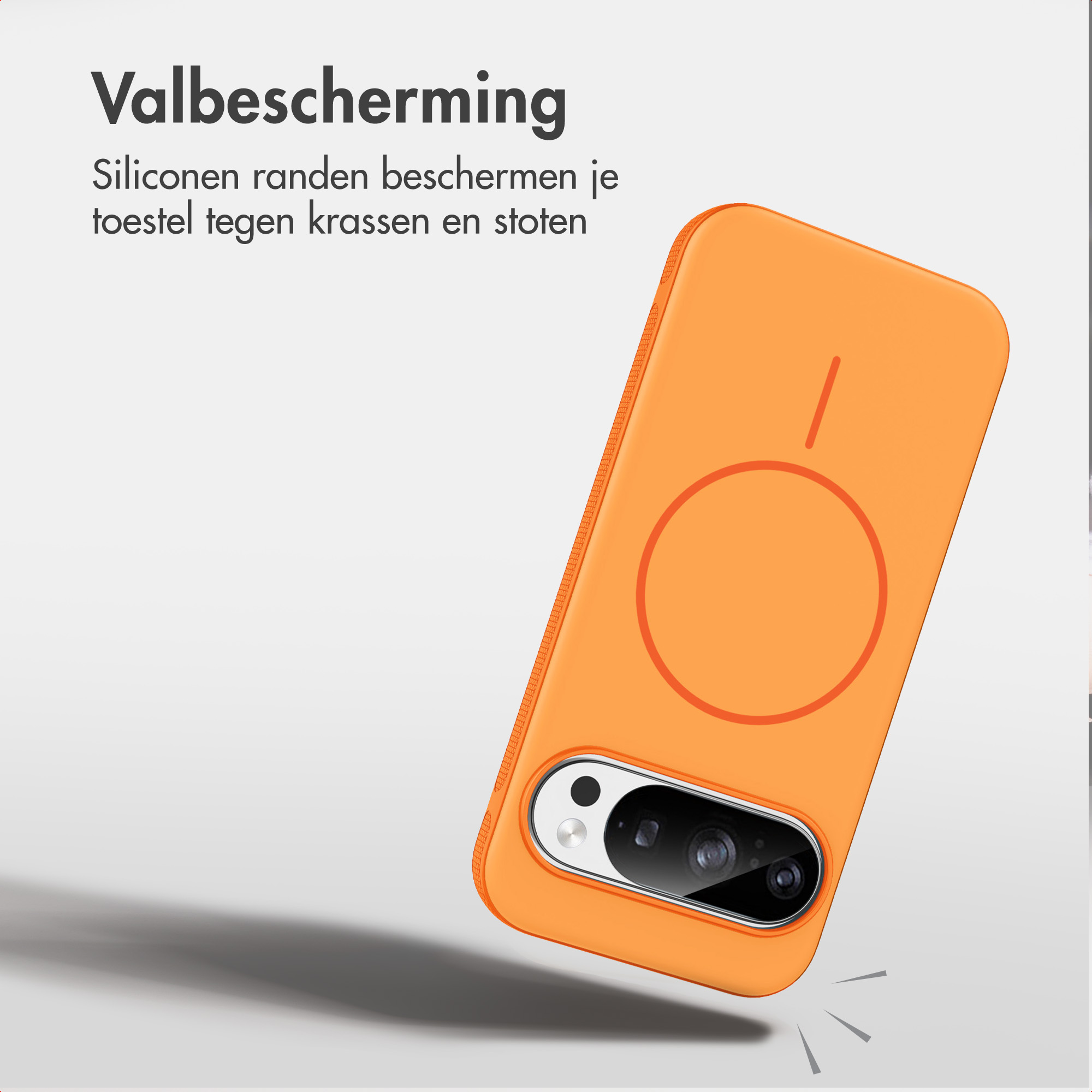 Een oranje telefoonhoesje op een witte achtergrond met tekst erboven.