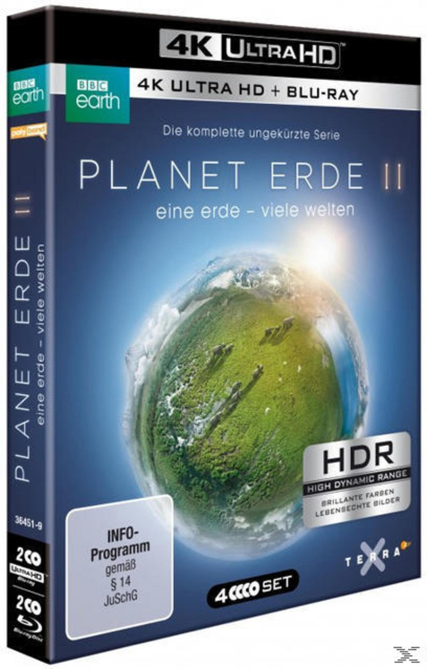 Blu-ray-Hülle von Planet Erde II in 4K Ultra HD mit der Erde im Vordergrund.