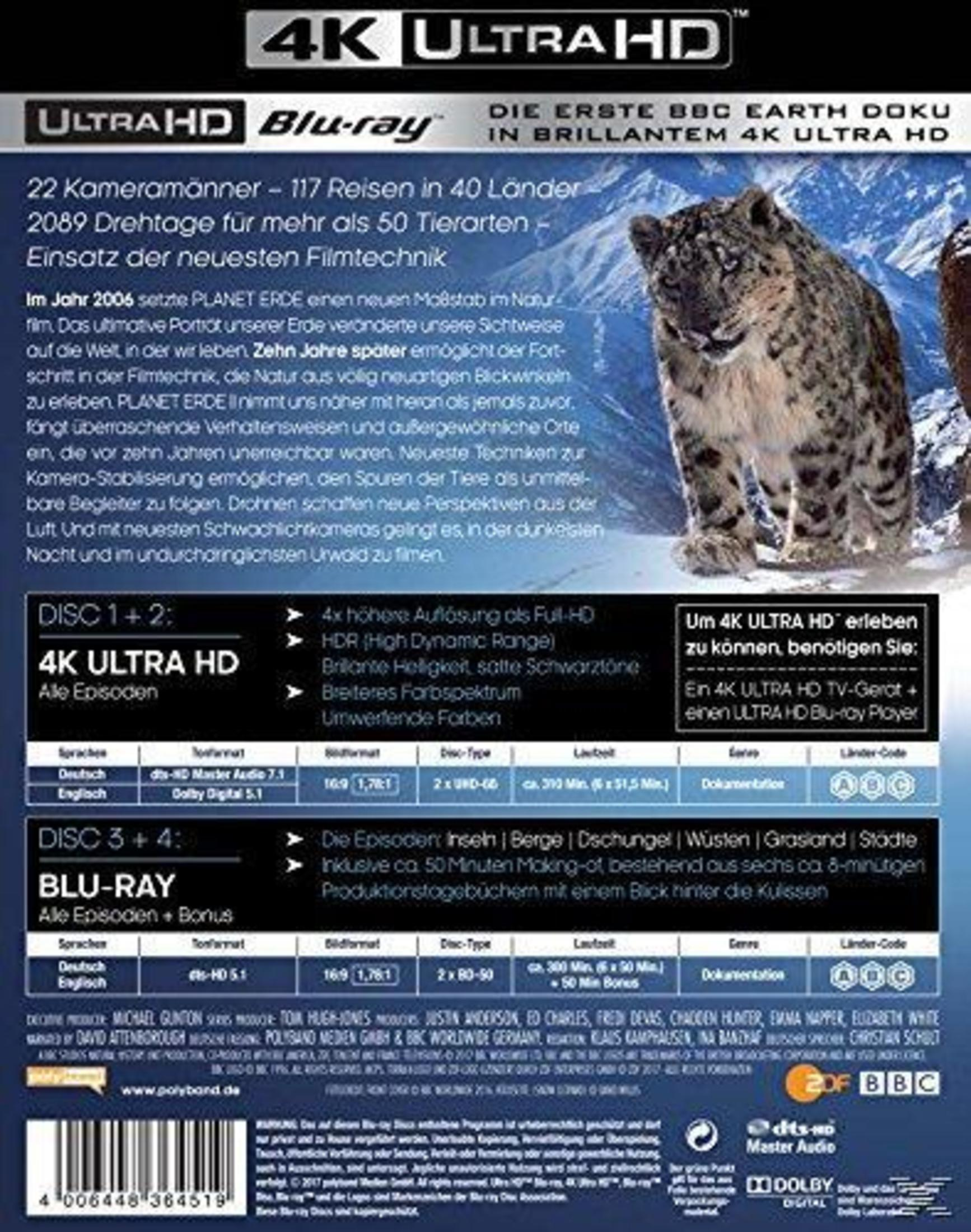 Rückseite einer 4K Ultra HD Blu-ray Hülle der Dokumentation Planet Erde II mit einem Schneeleoparden und Texten.