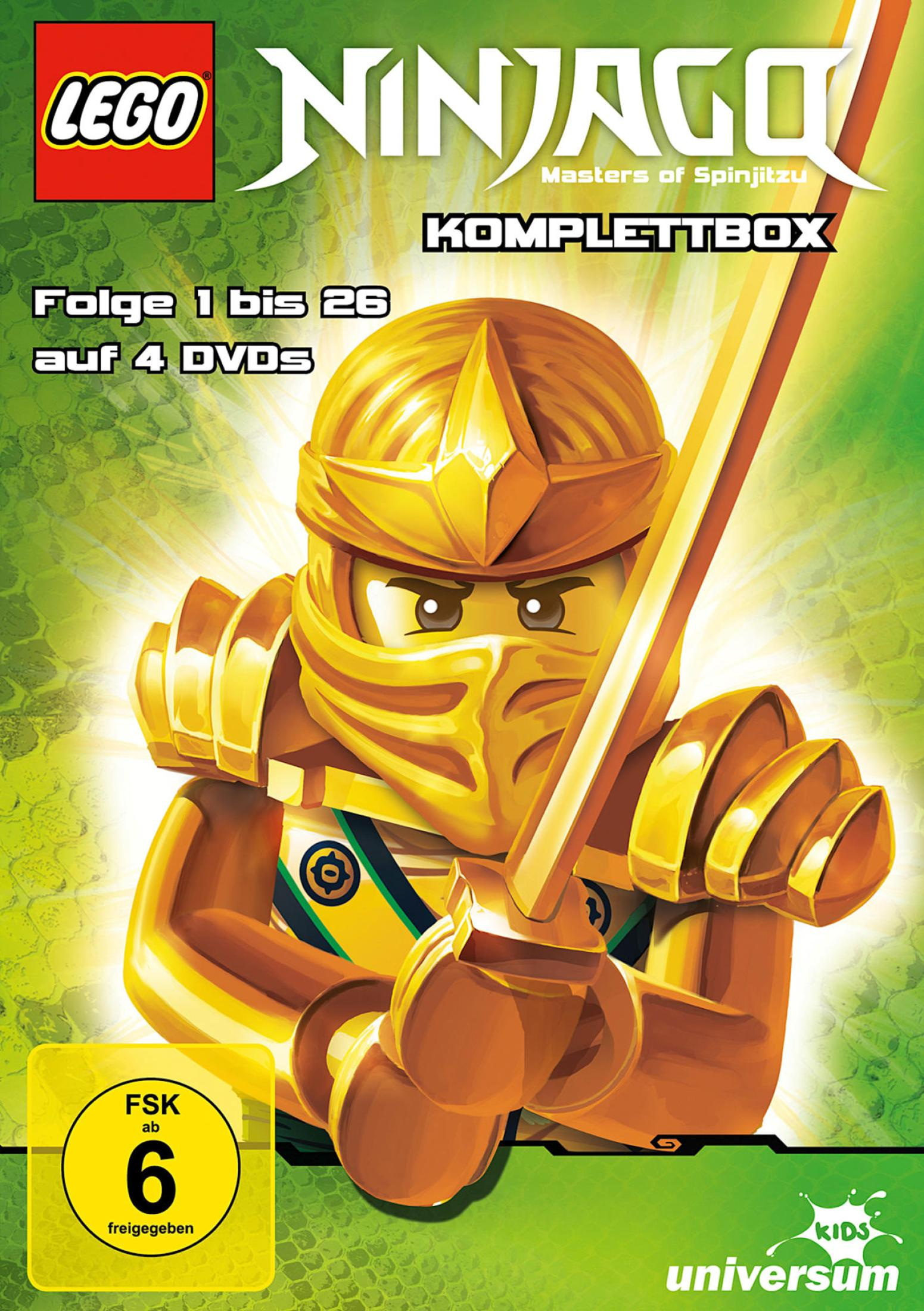 Lego Ninjago DVD-Box mit der Goldenen Ninja-Figur und dem Logo auf grünem Hintergrund.