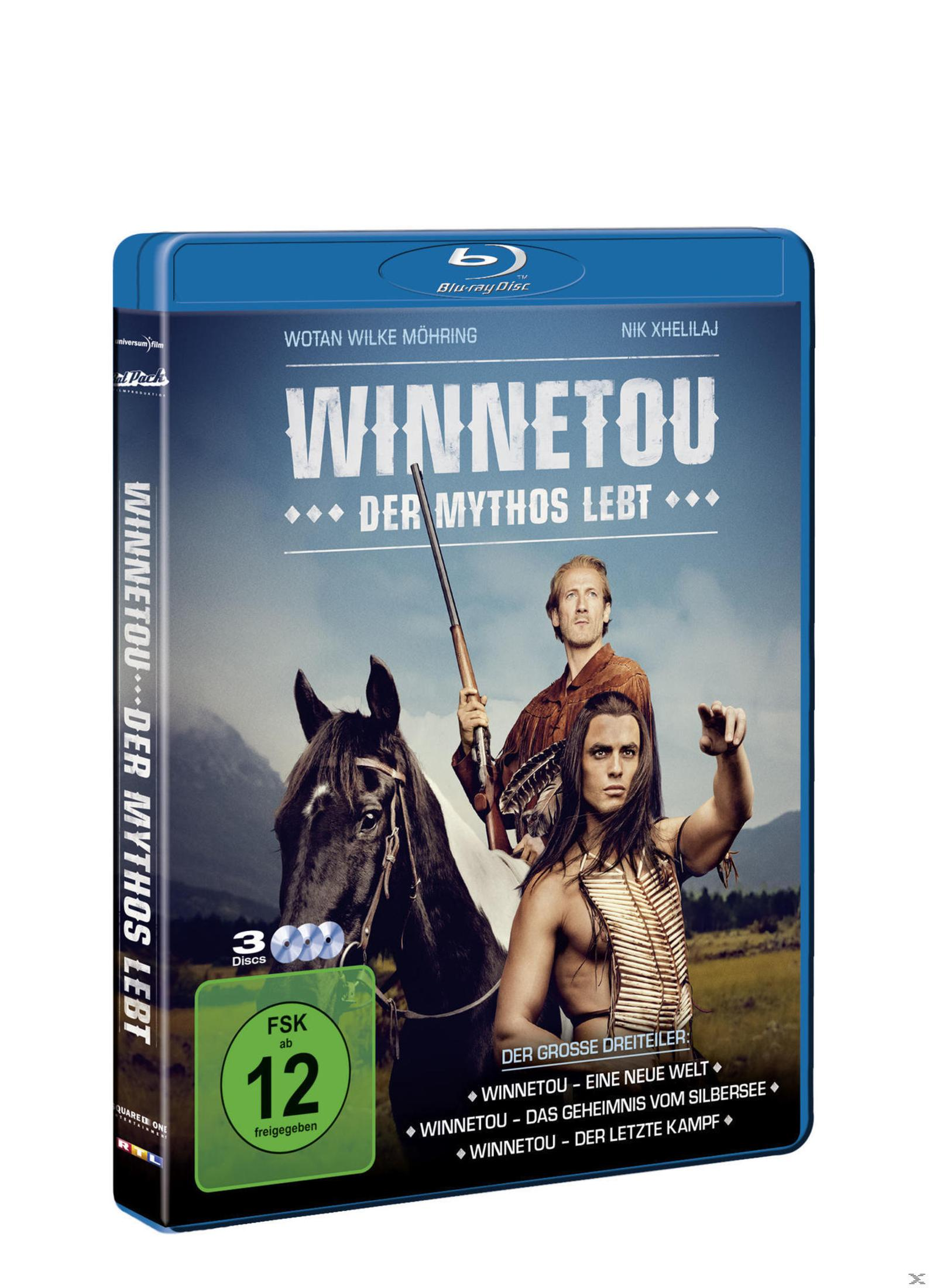 Blu-ray-Hülle von Winnetou - Der Mythos Lebt mit zwei Männern, einem Pferd und Bergen im Hintergrund.