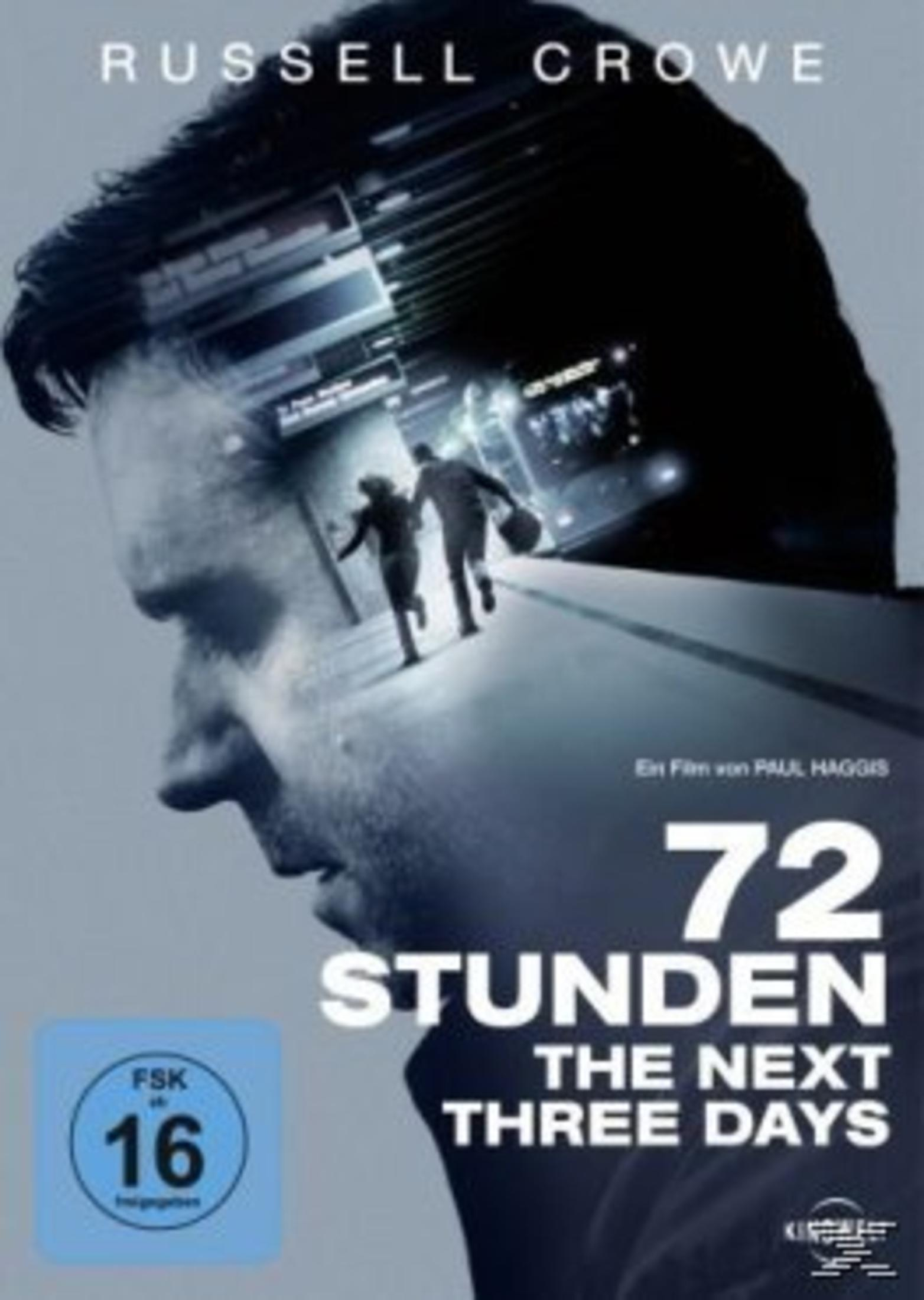 Filmplakat für 72 Stunden mit dem Gesicht von Russell Crowe, in dem zwei Menschen durch einen Bahnhof laufen.