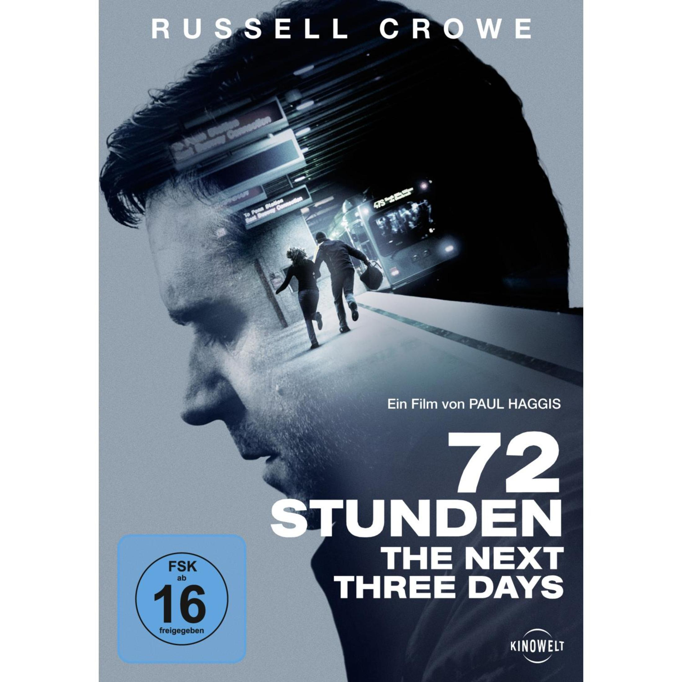 Filmplakat für 72 Stunden mit Russell Crowe im Profil und zwei Personen, die durch eine U-Bahn-Station rennen.