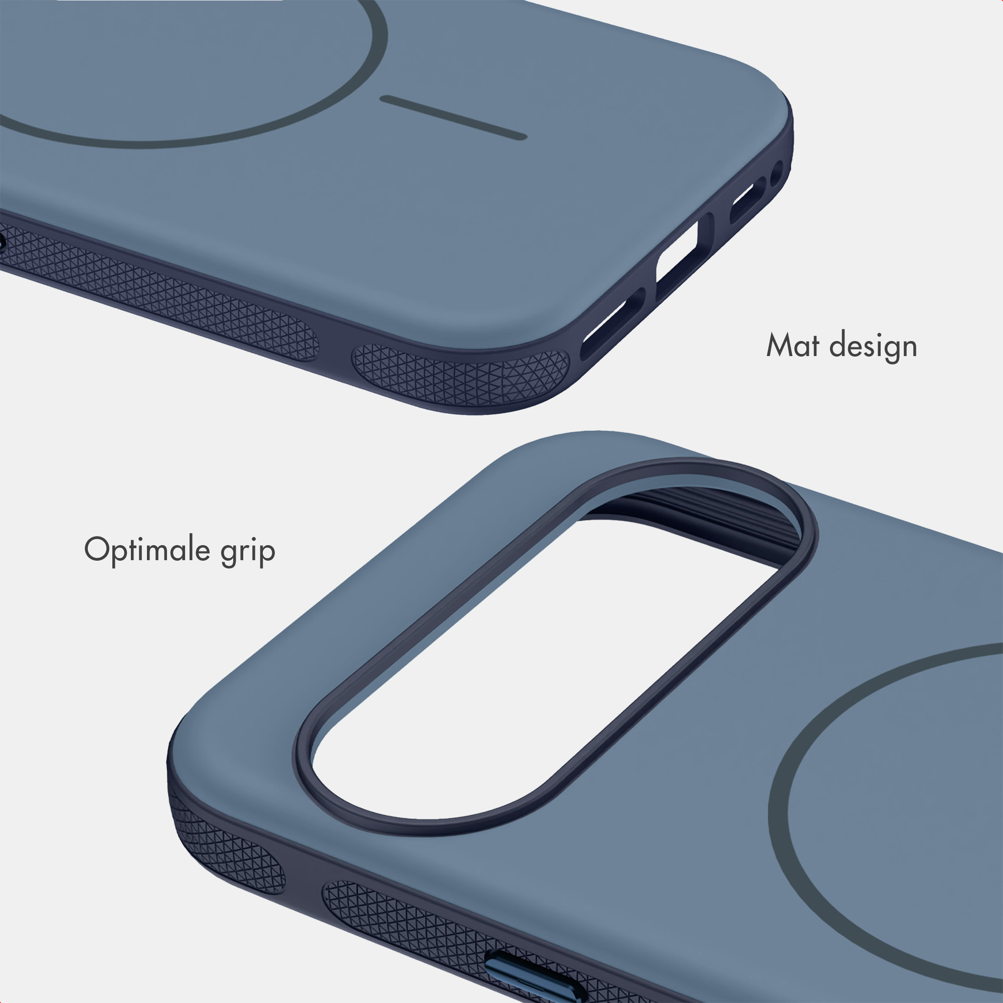 Twee blauwe telefoonhoesjes met een mat design en optimale grip met getextureerde randen op een lichte achtergrond.