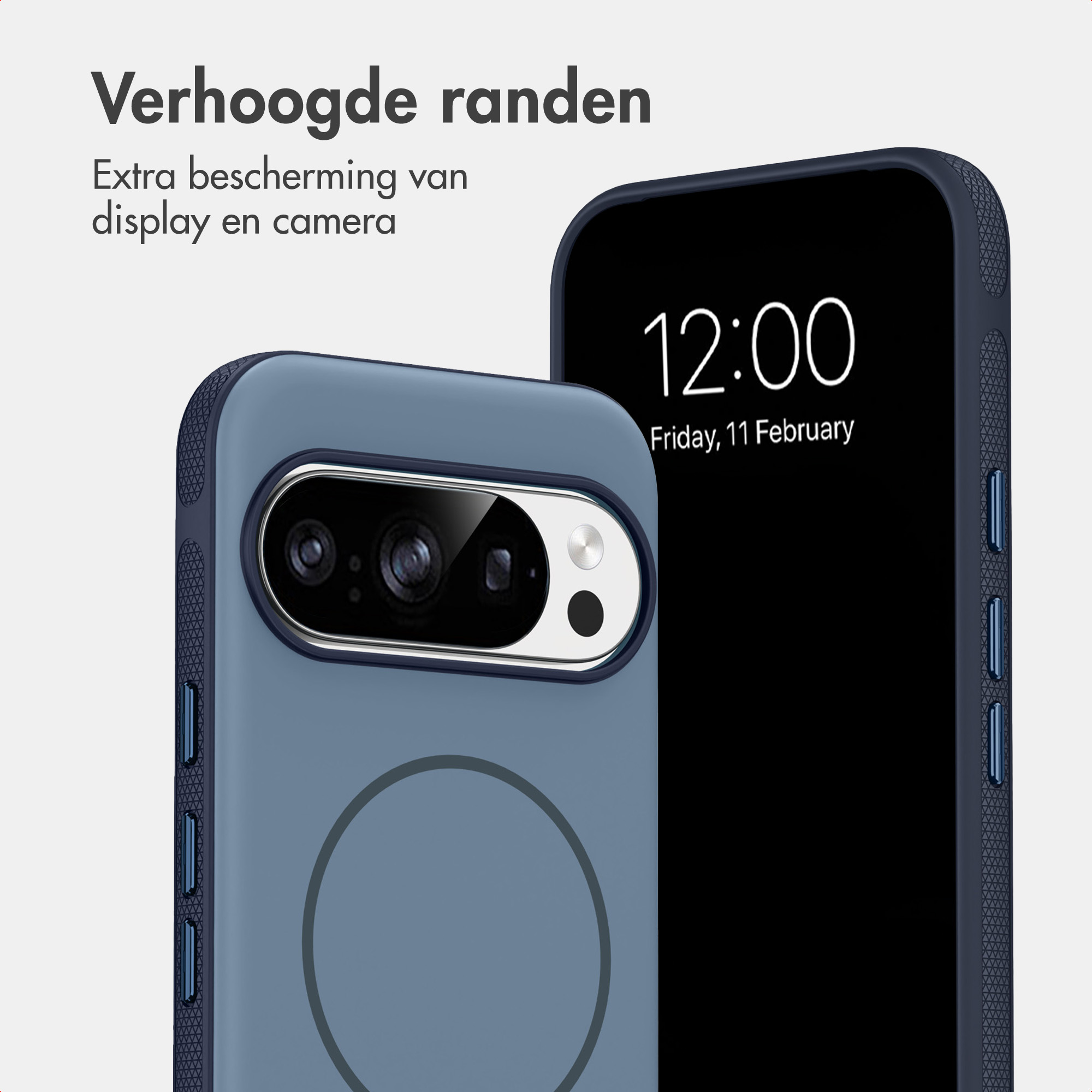Blauwe telefoonhoes met opstaande randen voor display- en camerabescherming.